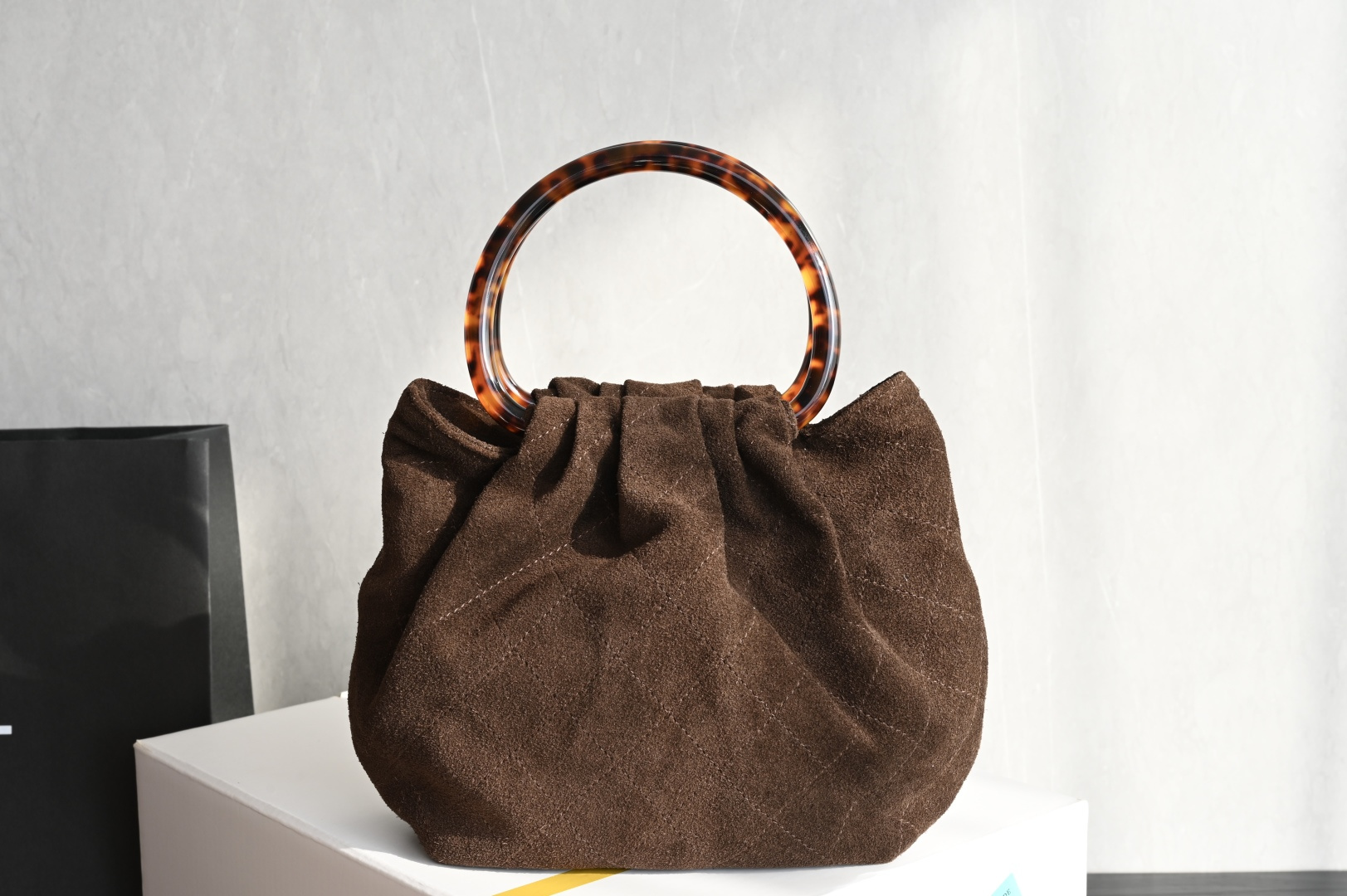 Small Hobo Bag in Dark Brown Suede Calfskin with Tortoiseshell Effect Plexi Handle & Gold-Tone Hardware (26C Cruise Collection) - Mocuir