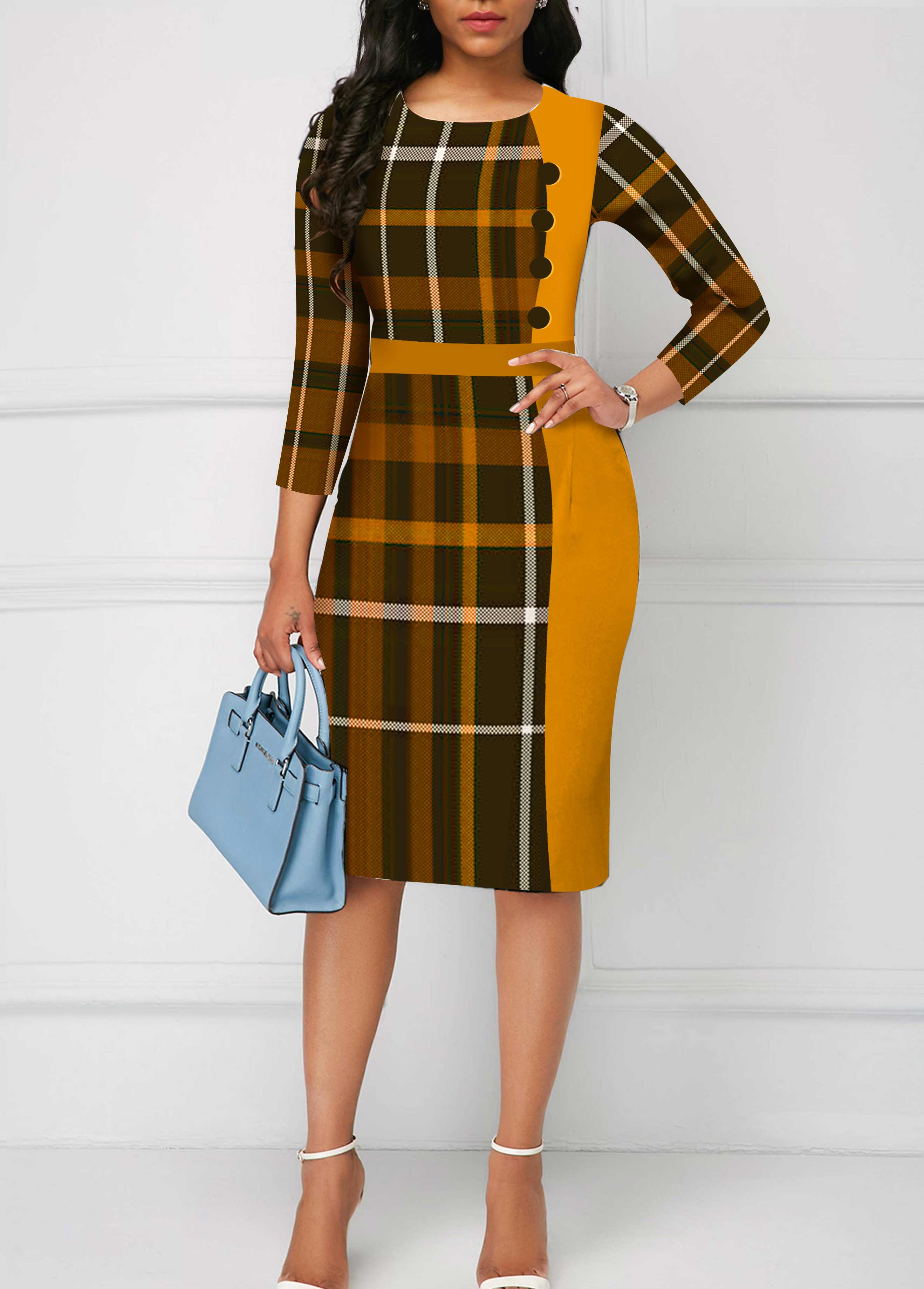 Ginger Plaid Button Round Neck Bodycon Dress