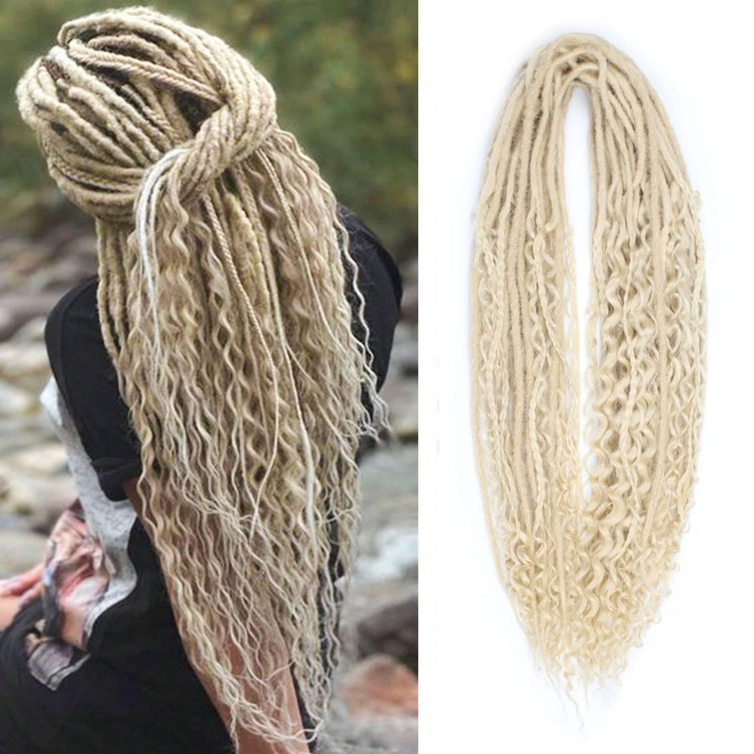 24 Inch 3 In 1 Dreadlock Extensions Sets, 30 Strands Mixed Blonde Synthetic DE Dreads Extensions, 100% Handmade Soft Double Ended Curly Boho Wavy Dreads for Girls