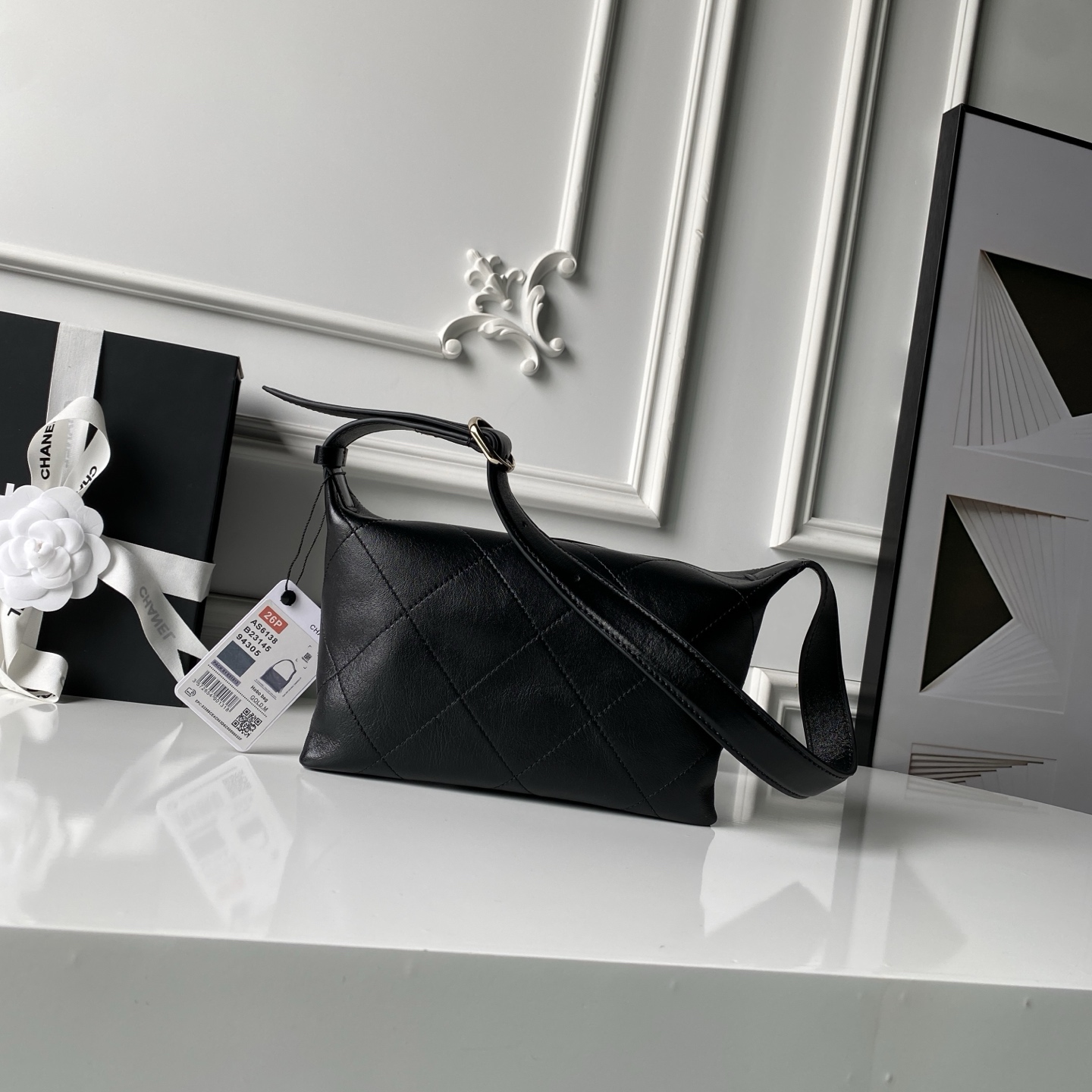 26P Hobo Bag in Black Shiny Lambskin with Light Gold-Tone Hardware - Mocuir