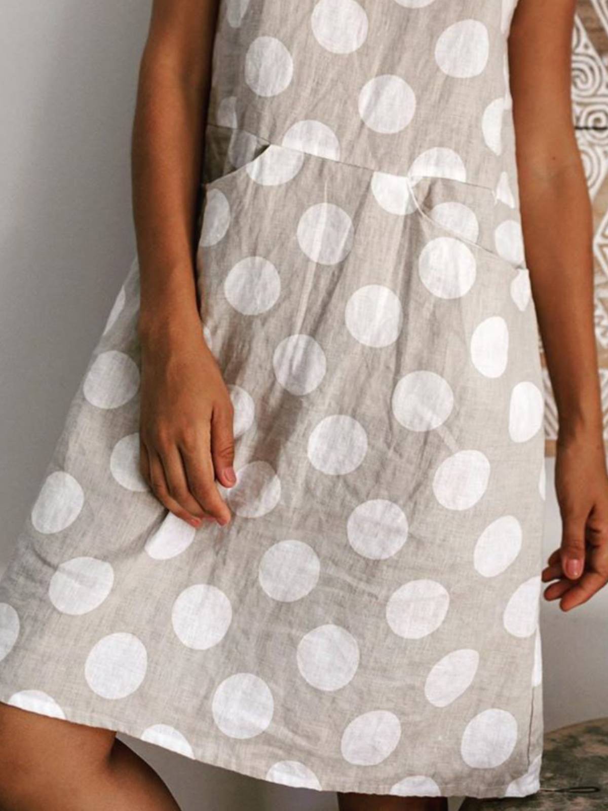 Apricot Sleeveless Cotton-Blend Crew Neck Dresses