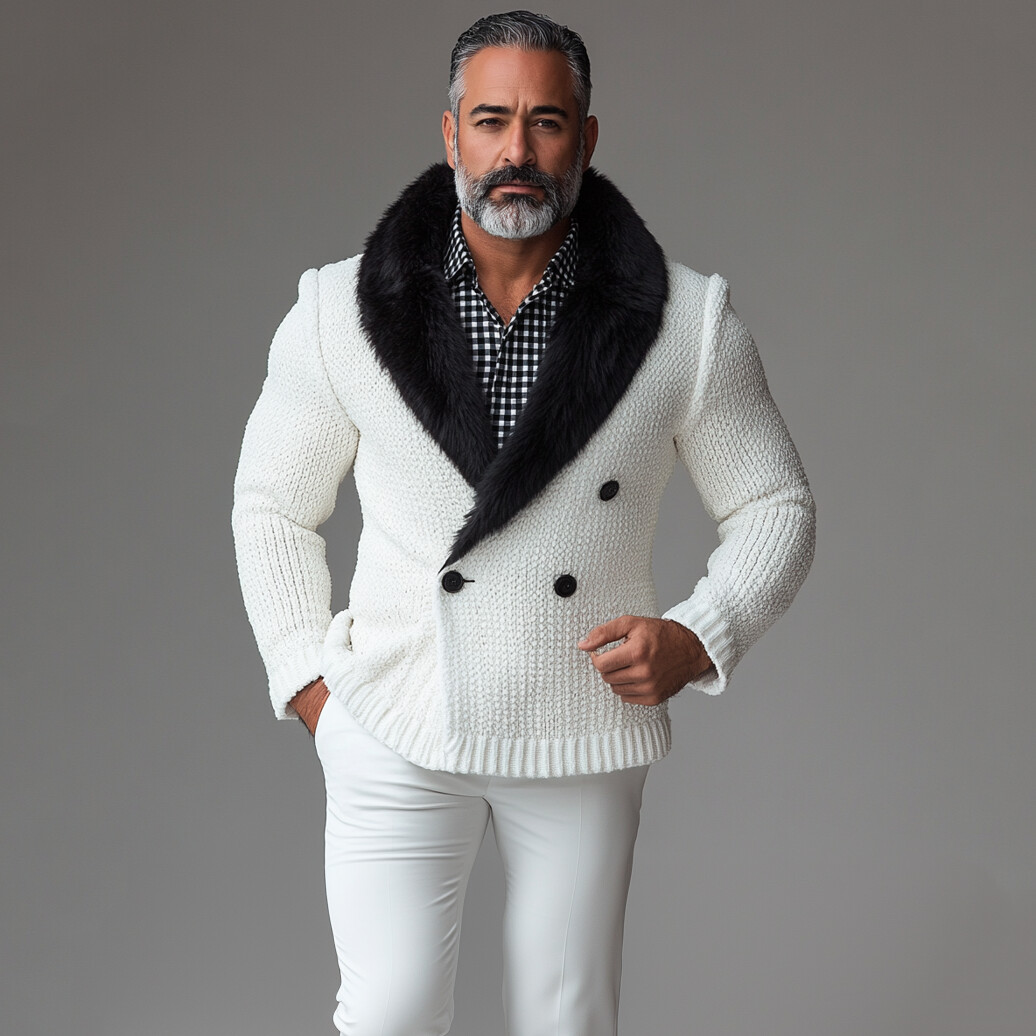 Men's Knit Plush Shawl Lapel Double Breasted Long Sleeve Jacket