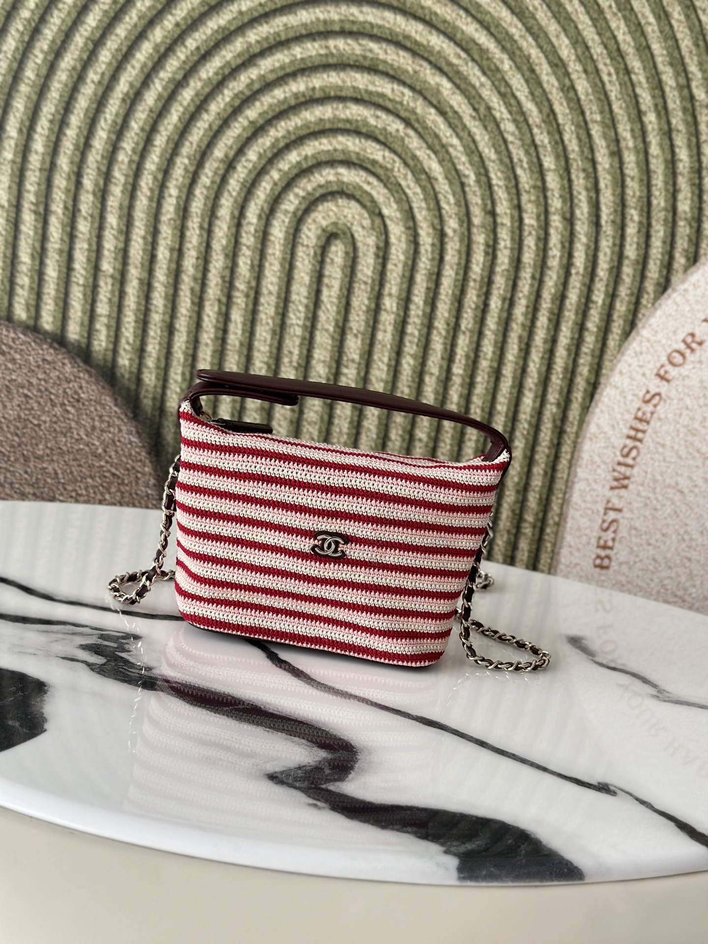 26P Cruise Mini Hobo Pouch with Chain in RedPinkWhite Striped Crochet and Lambskin with Light Gold-Tone Hardware - Mocuir