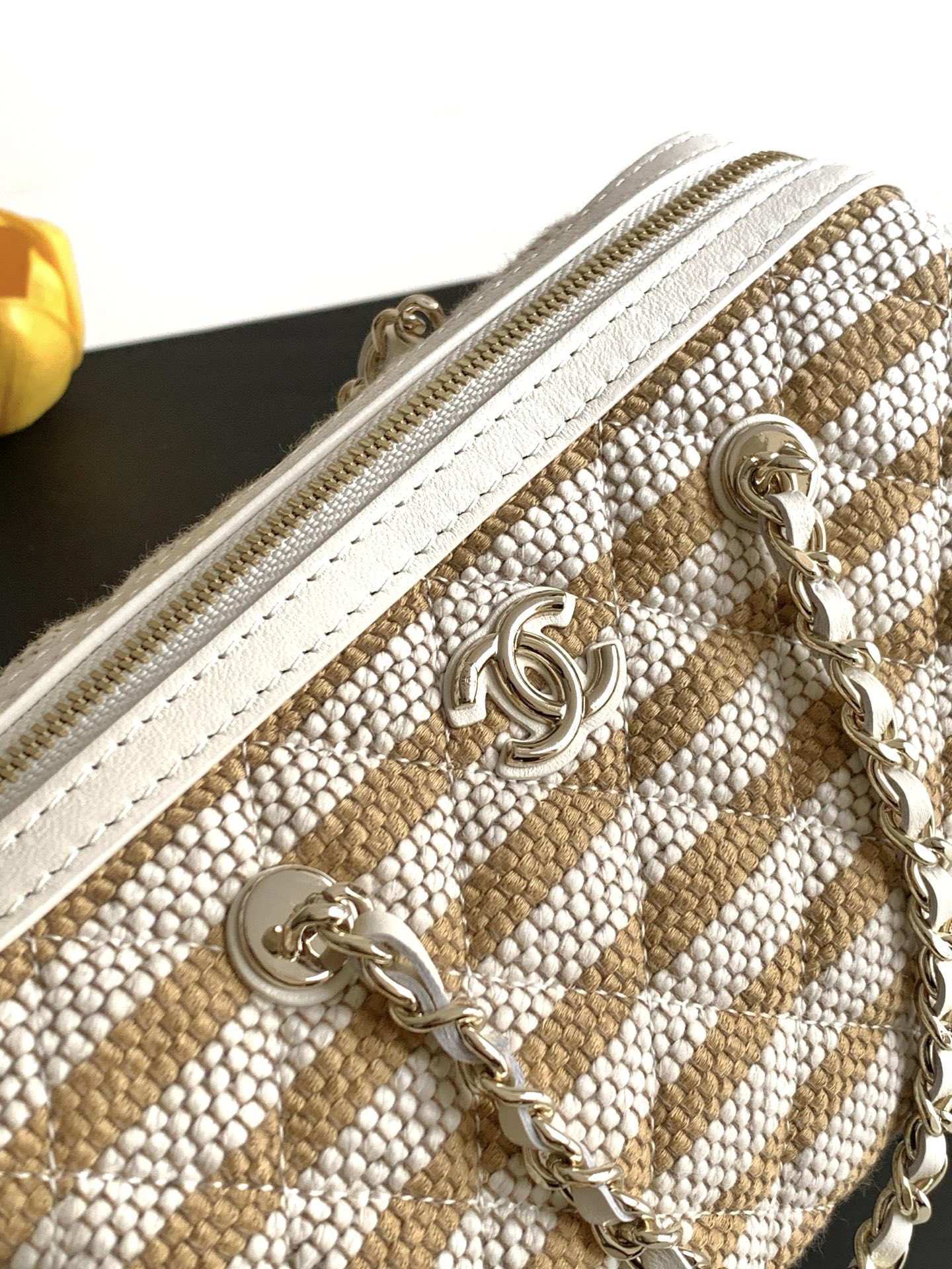 Deauville Striped Quilted Canvas Camera Bag / Vanity Case in Caramel with Light Gold-Tone Hardware - Mocuir