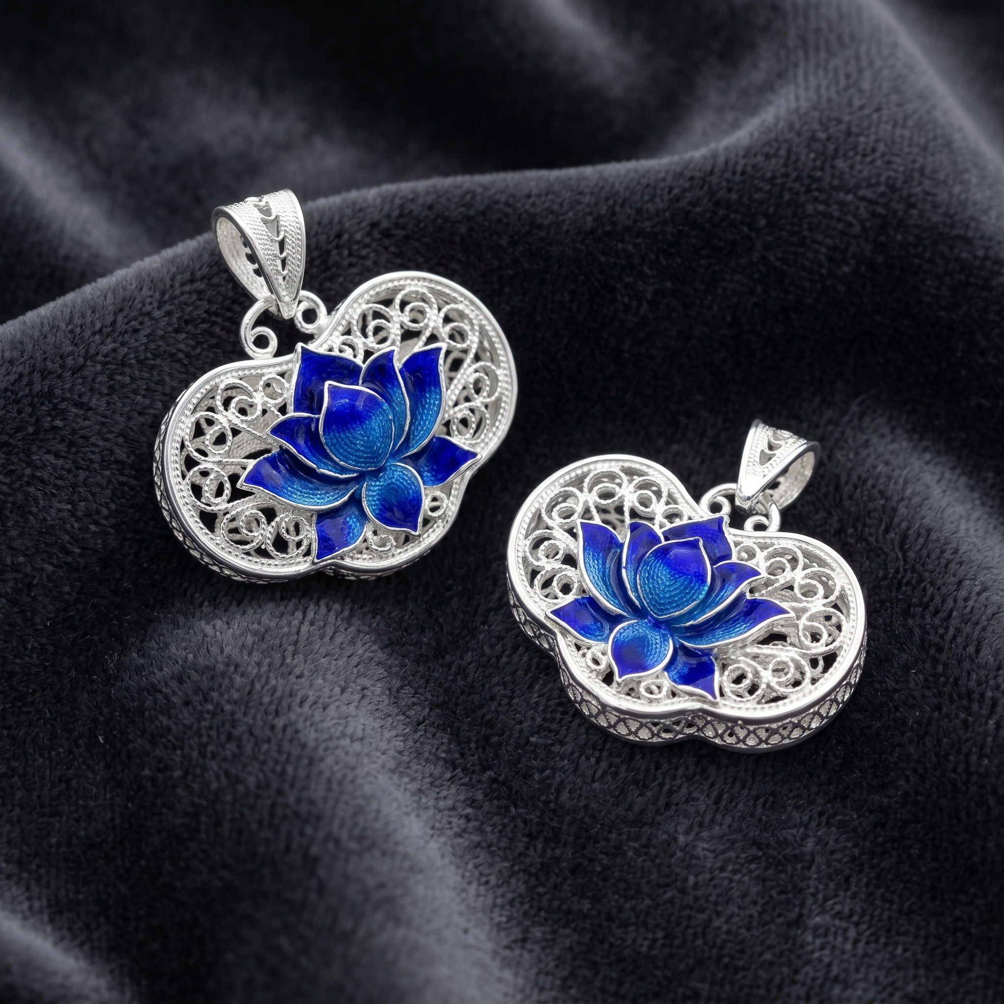Filigree Cloisonné Chinese Style Lotus Lock 99 Pure Silver Necklace