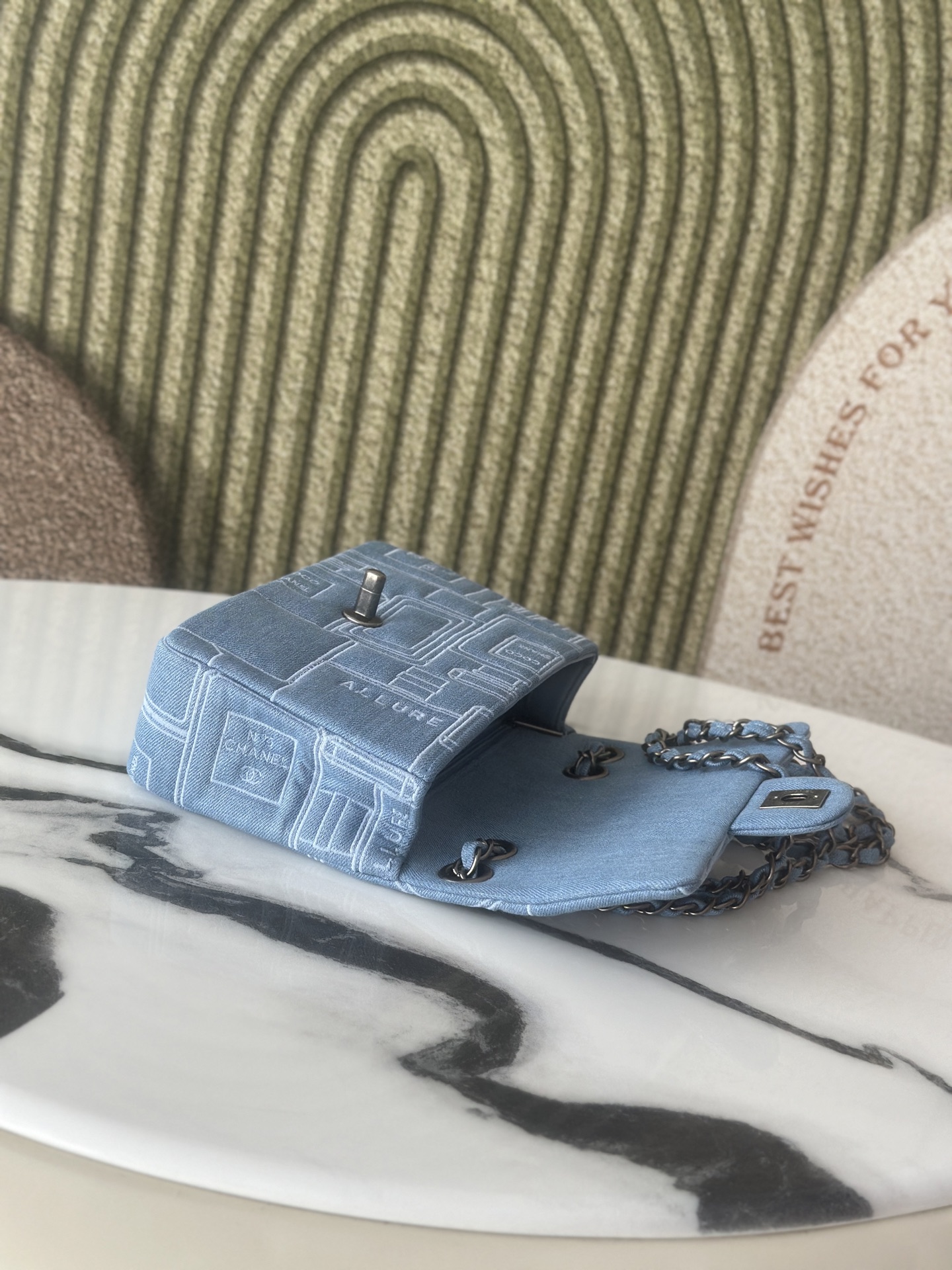 Classic Single Flap Bag in Light Blue Denim with Perfume Bottle Print (Silver Hardware) - Mocuir