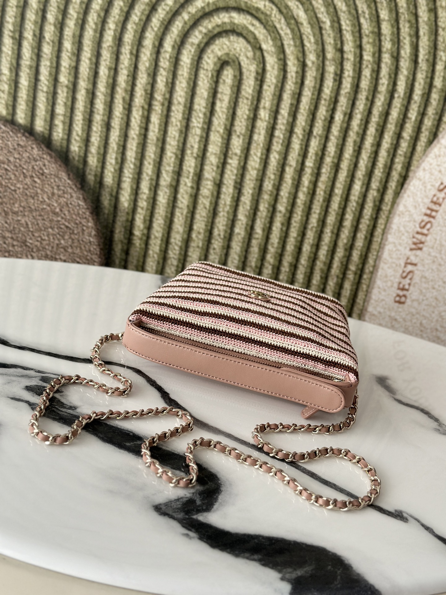 26P Cruise Mini Hobo Pouch with Chain in Pink/Brown/White Striped Crochet and Lambskin with Light Gold-Tone Hardware - Mocuir