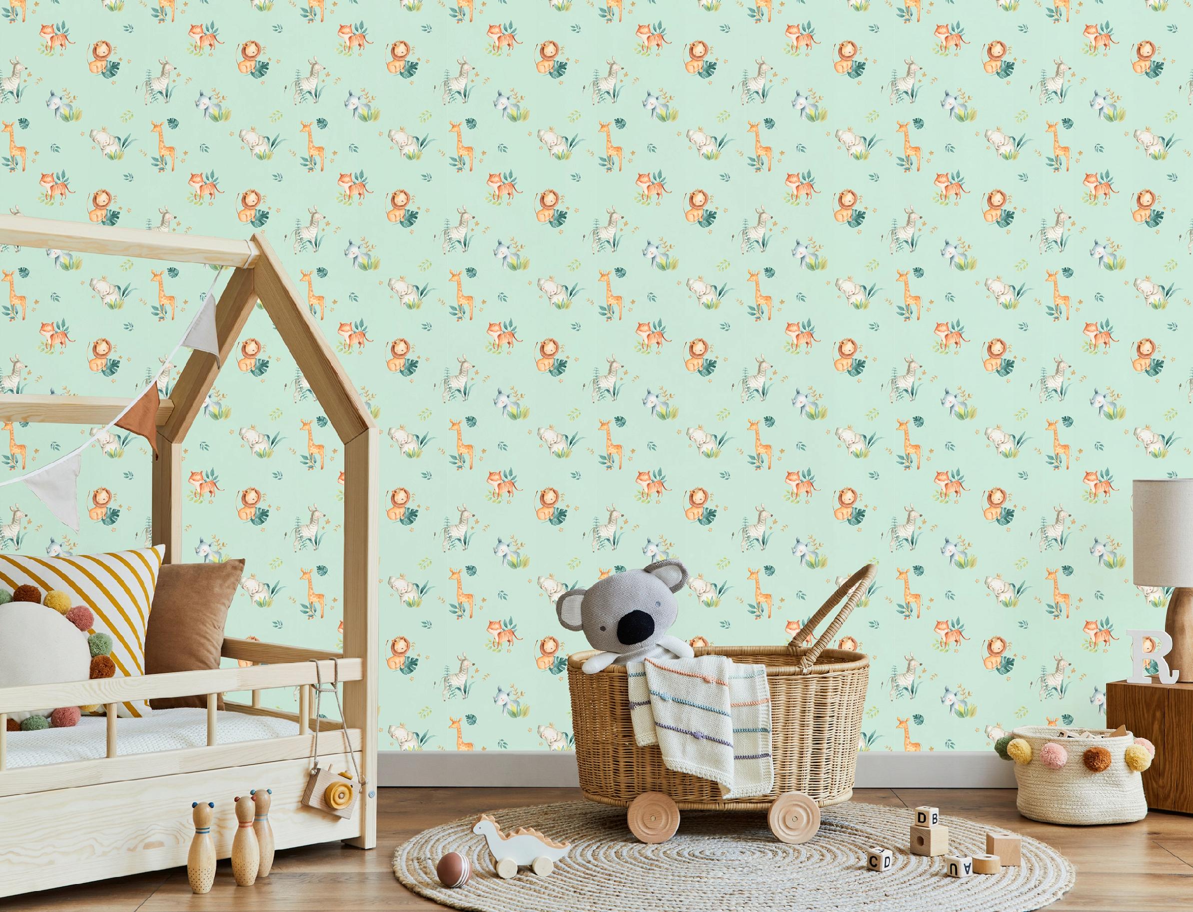 Wallpaper for children's rooms on non-woven fabric, featuring animals