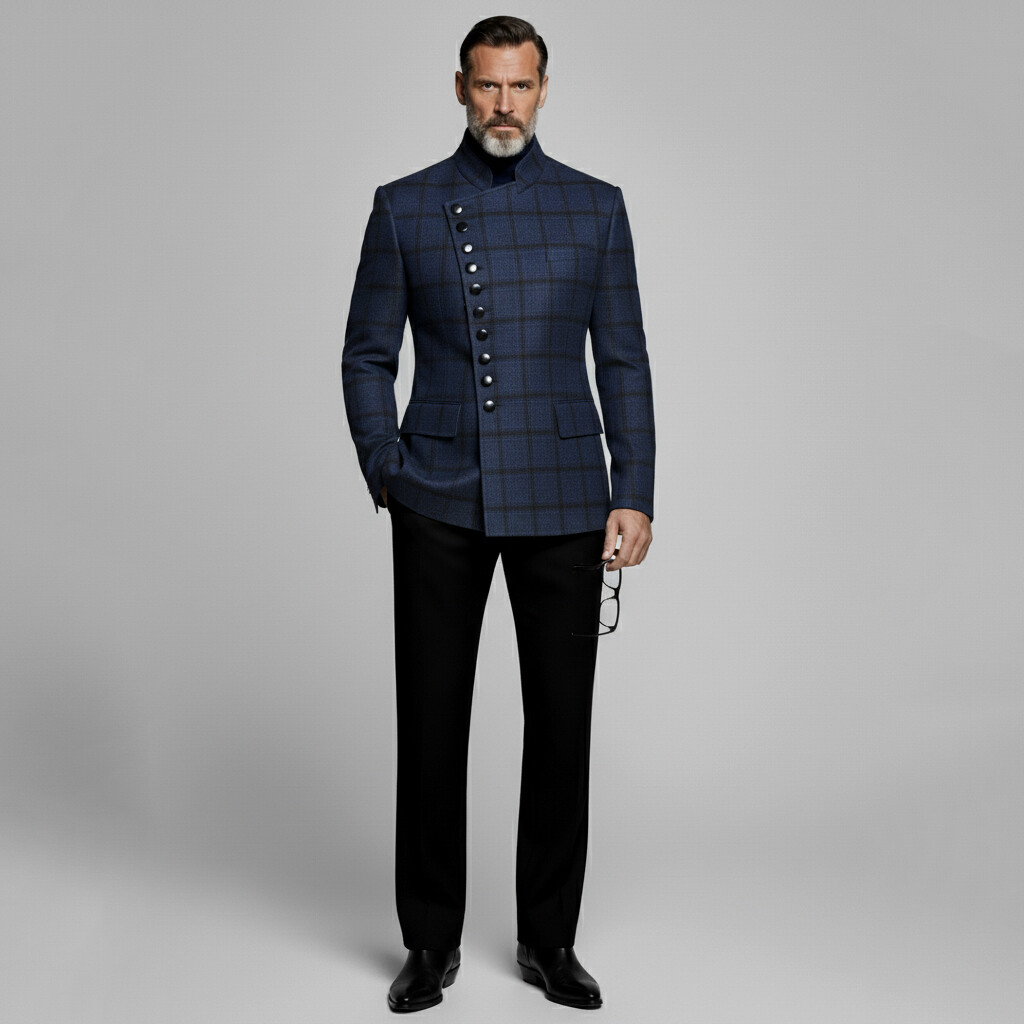 Men's Navy Blue Plaid Print Mandarin Collar Long Sleeve Asymmetrical Button Jackets