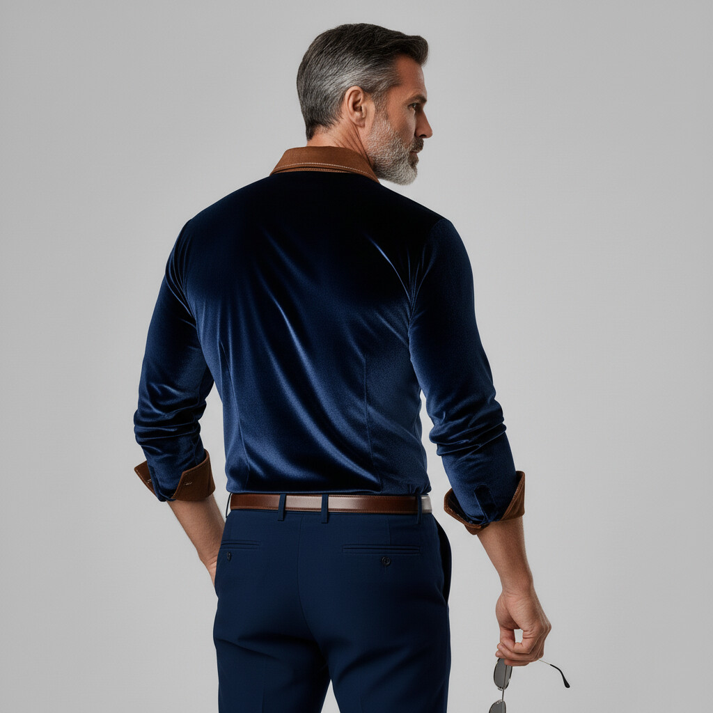 Men's Business Navy Blue Contrast Color Turndown Collar Long Sleeve Button Velvet Shirt