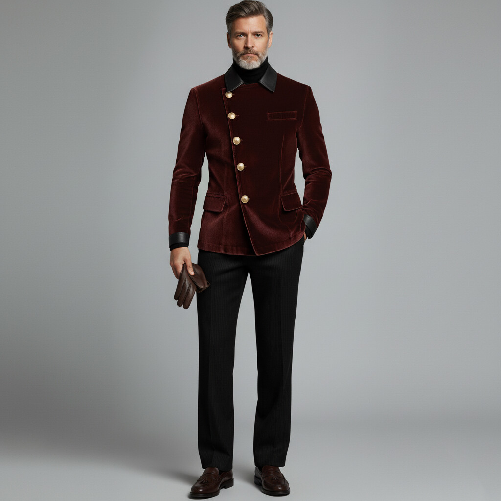 Men's Burgundy Velvet PU Shirt Collar Long Slereve Asymmetrical Button Jackets