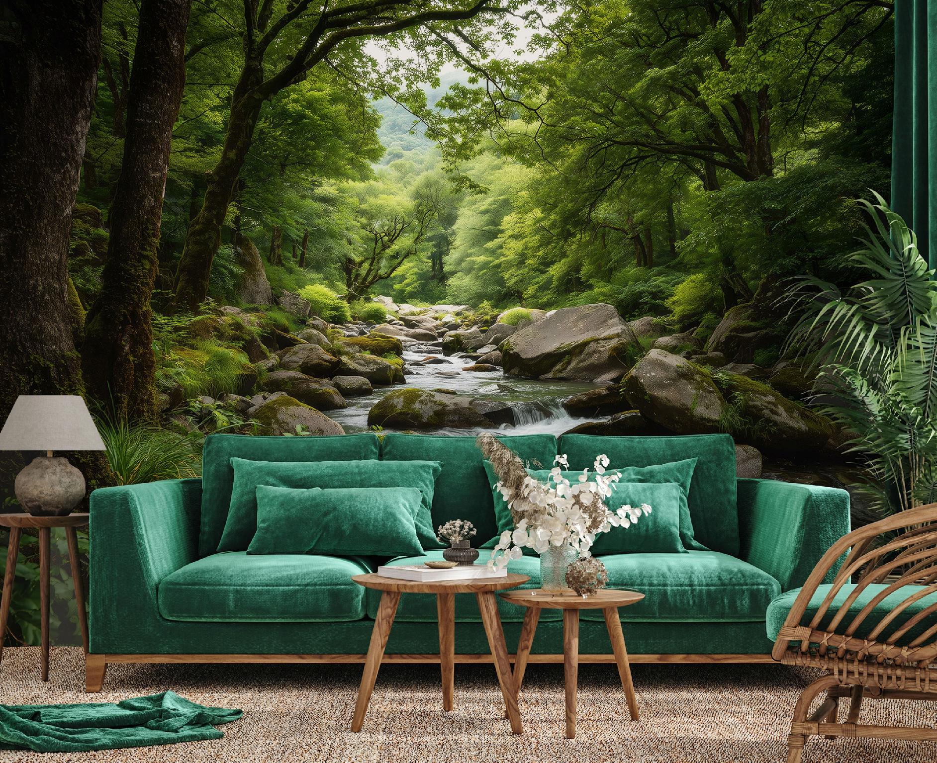 3D forest nature wall mural, stream, bedroom, living room, non-woven wallpaper,