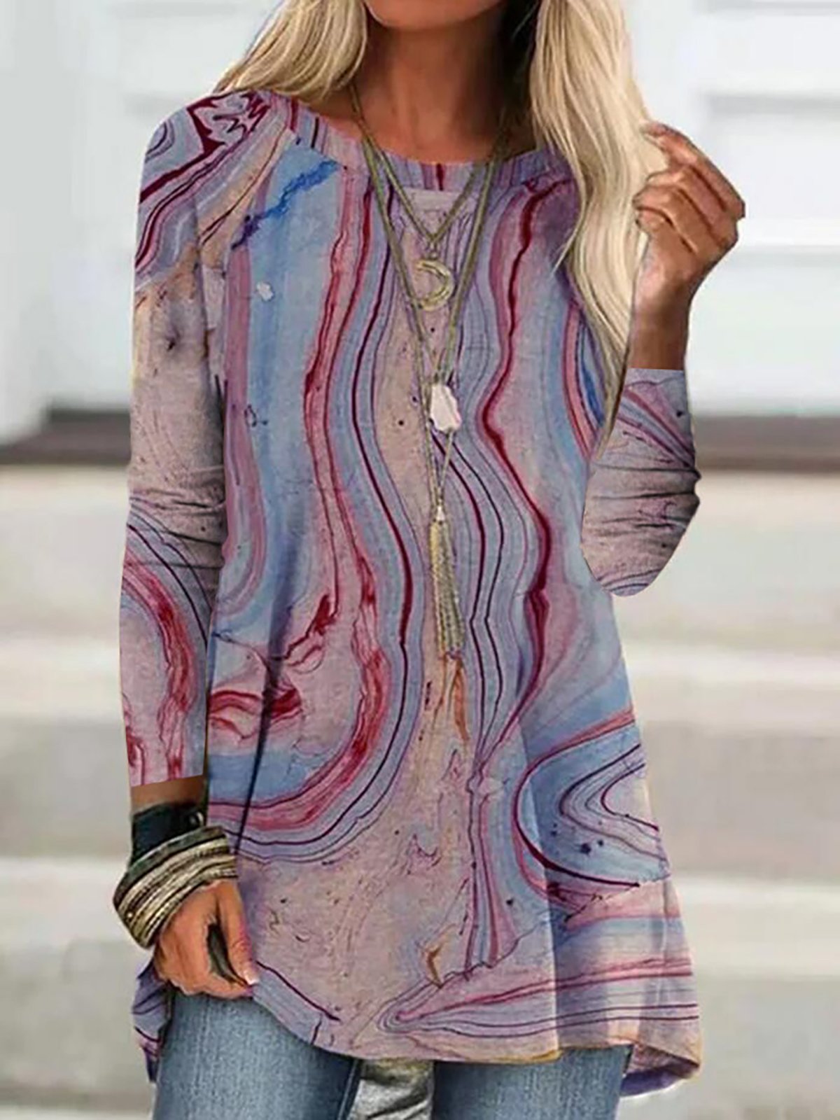 Long Sleeve Crew Neck Ombre/Tie-Dye Vintage Shirts & Tops