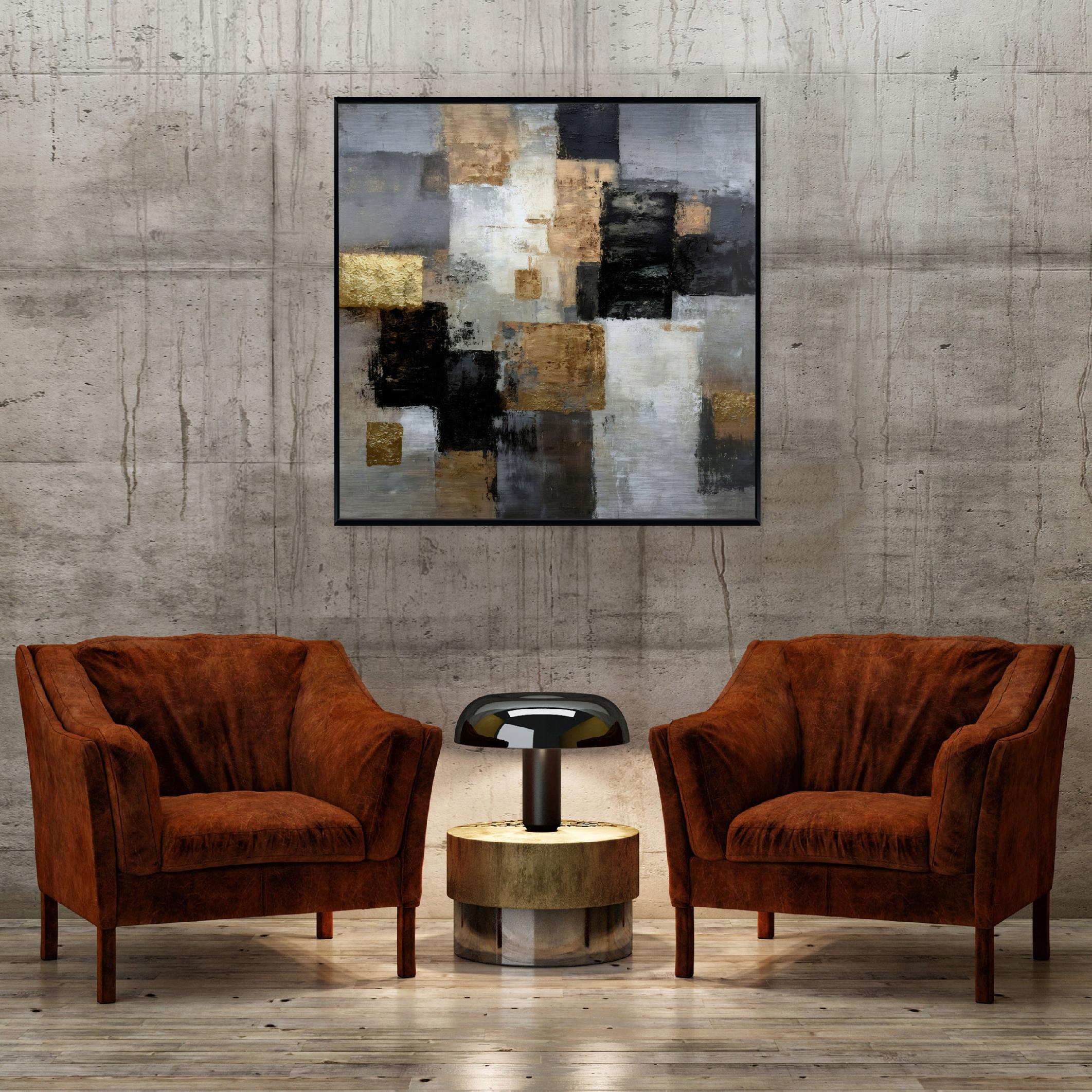 Picture in a black frame, metal abstraction, concrete, loft, living room, bedroom, 30x30