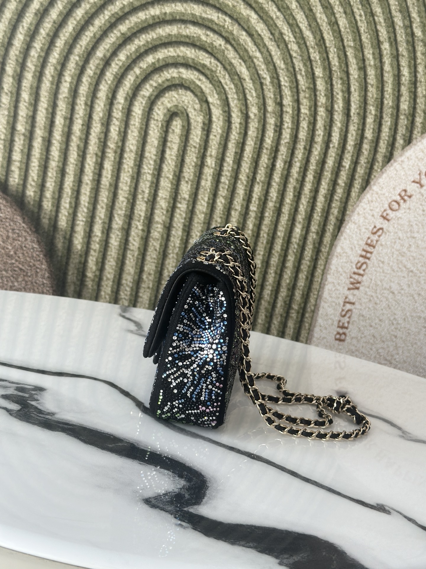 Classic Flap Mini Bag in Black Fireworks Strass Crystal Embellished Suede (Gold Hardware) - Mocuir