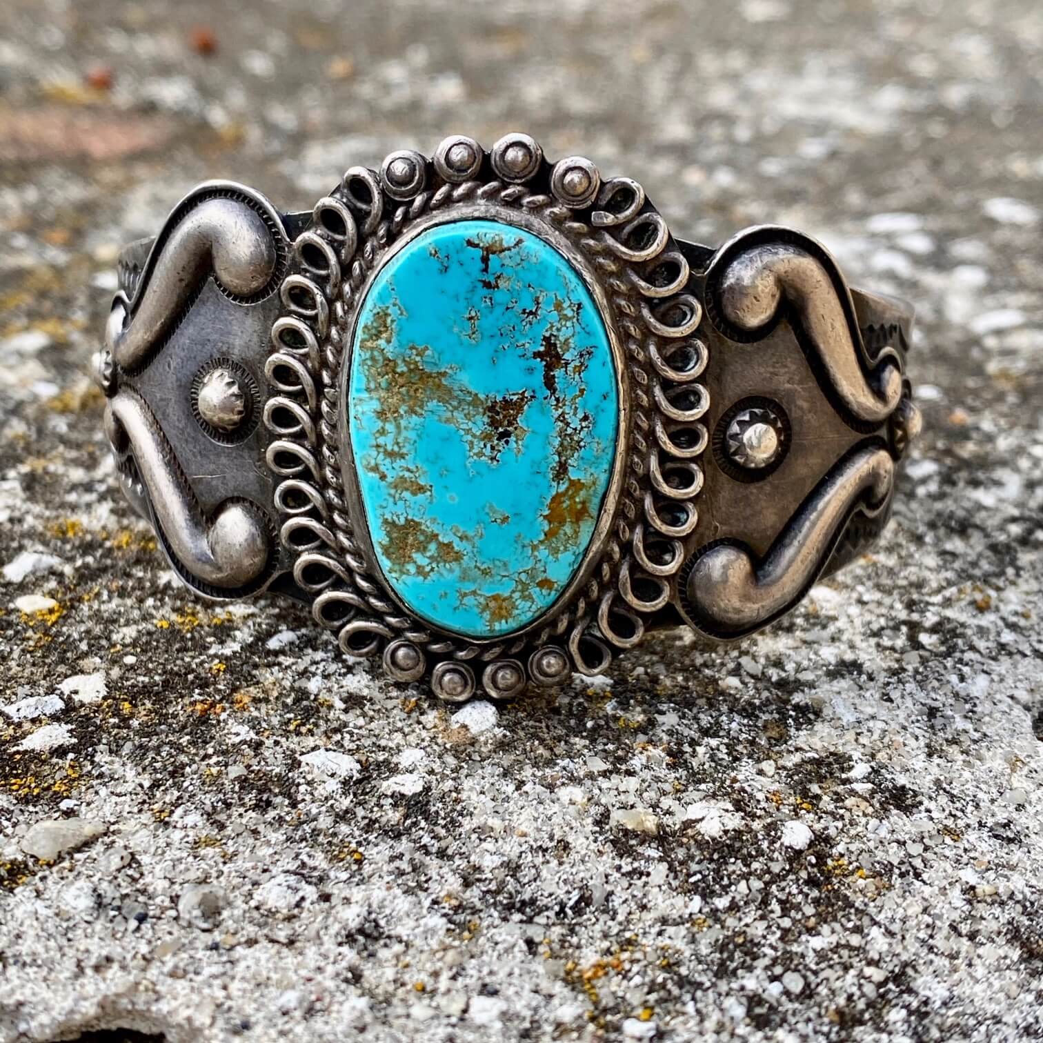 1920s Navajo Natural Turquoise and Wrought Sterling Silver Cuff Bracelet