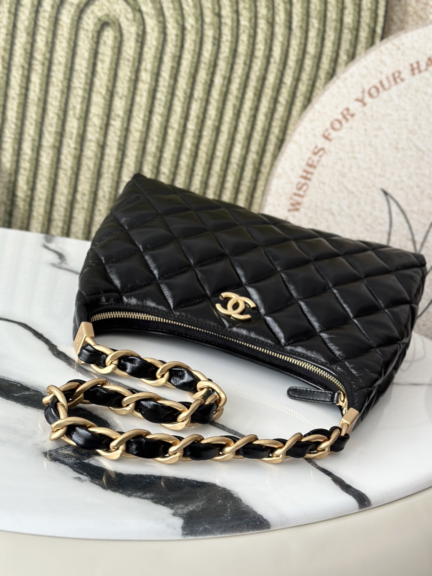 Black Shiny Calfskin Quilted Hobo Bag (Model AS4382) - Mocuir