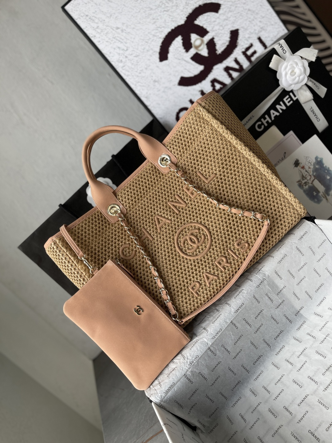 Deauville Large Openwork Knit Tote Bag in Nude with Light Gold-Tone Hardware - Mocuir