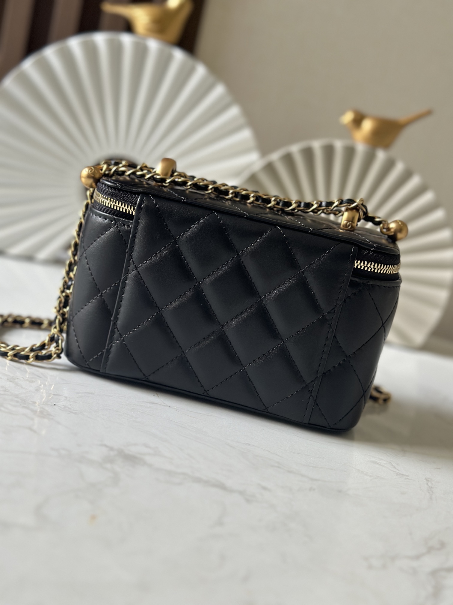 Black Shiny Lambskin Quilted Vanity Case (Long Style) with Double Gold Pearl Chain Hardware - Mocuir