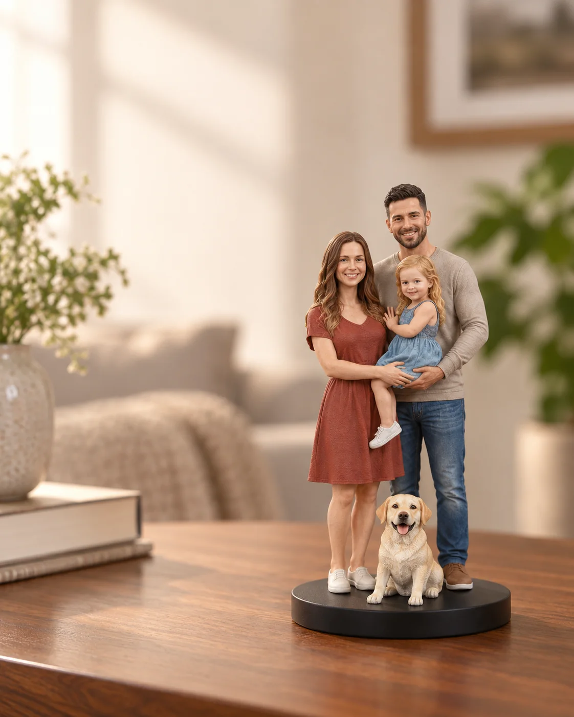 Custom family and pet figurines displayed on a tabletop