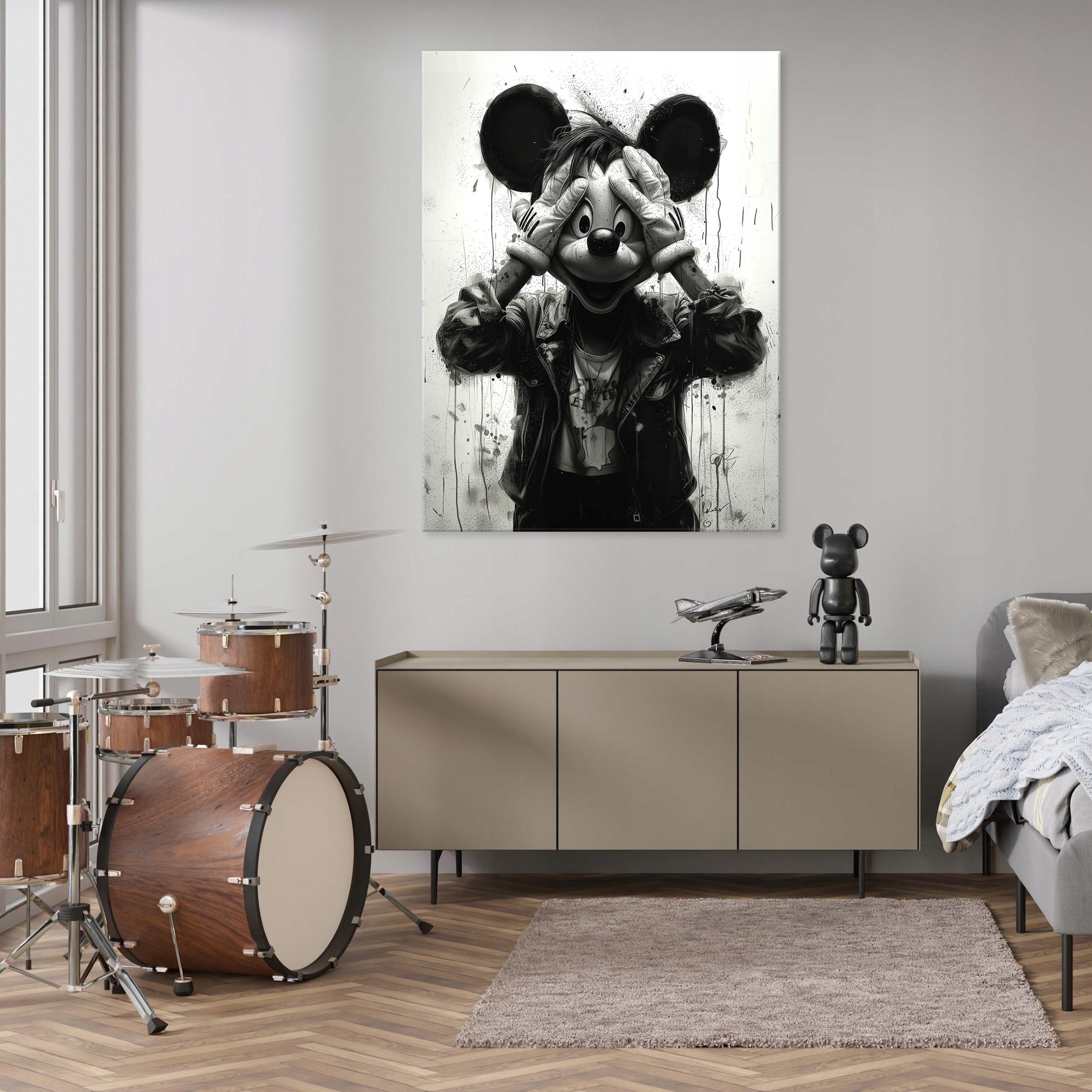 Abstract black and white modern mouse painting for bedroom or living room, 40x30