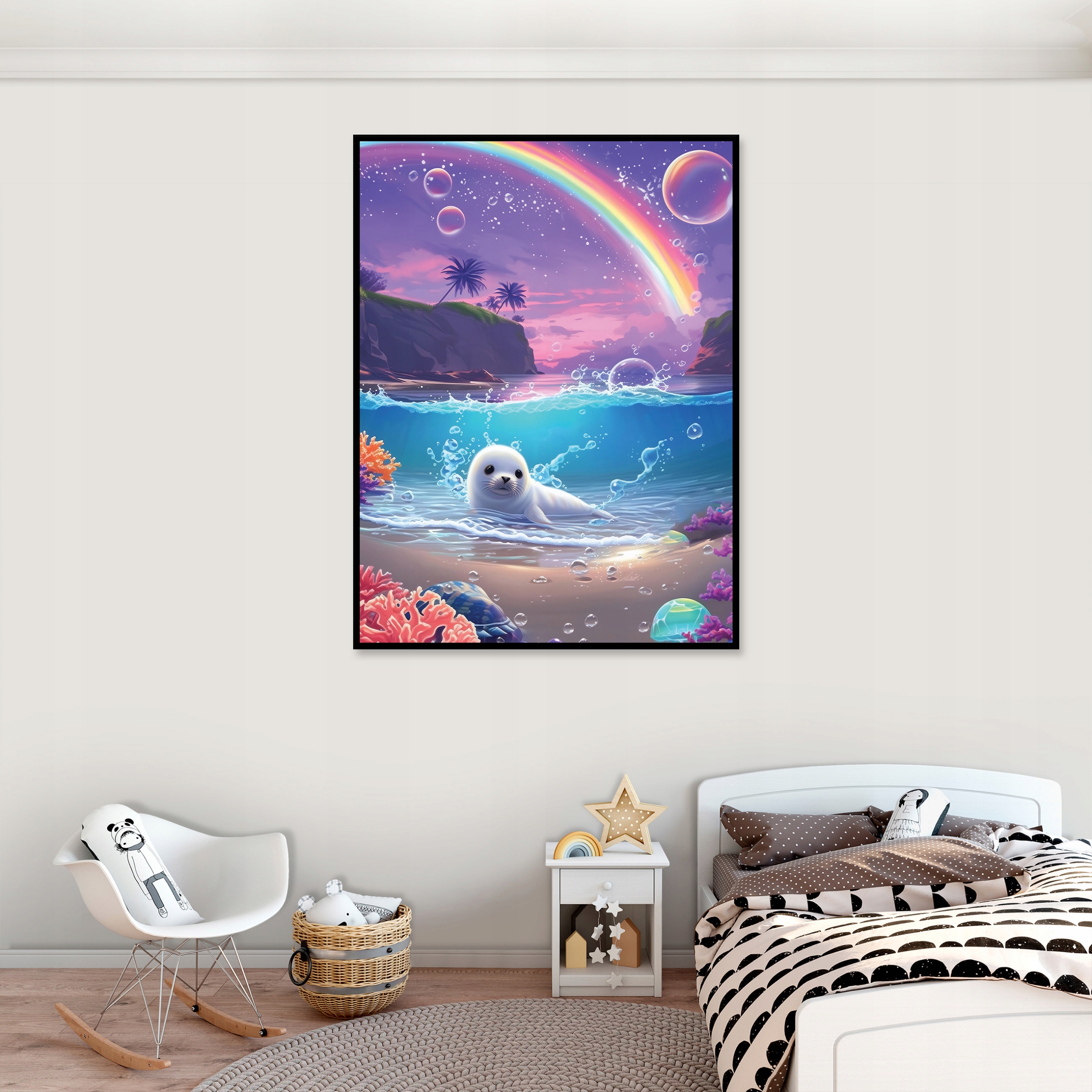 Framed wall art for a child's room: rainbow seal, 120x80 cm