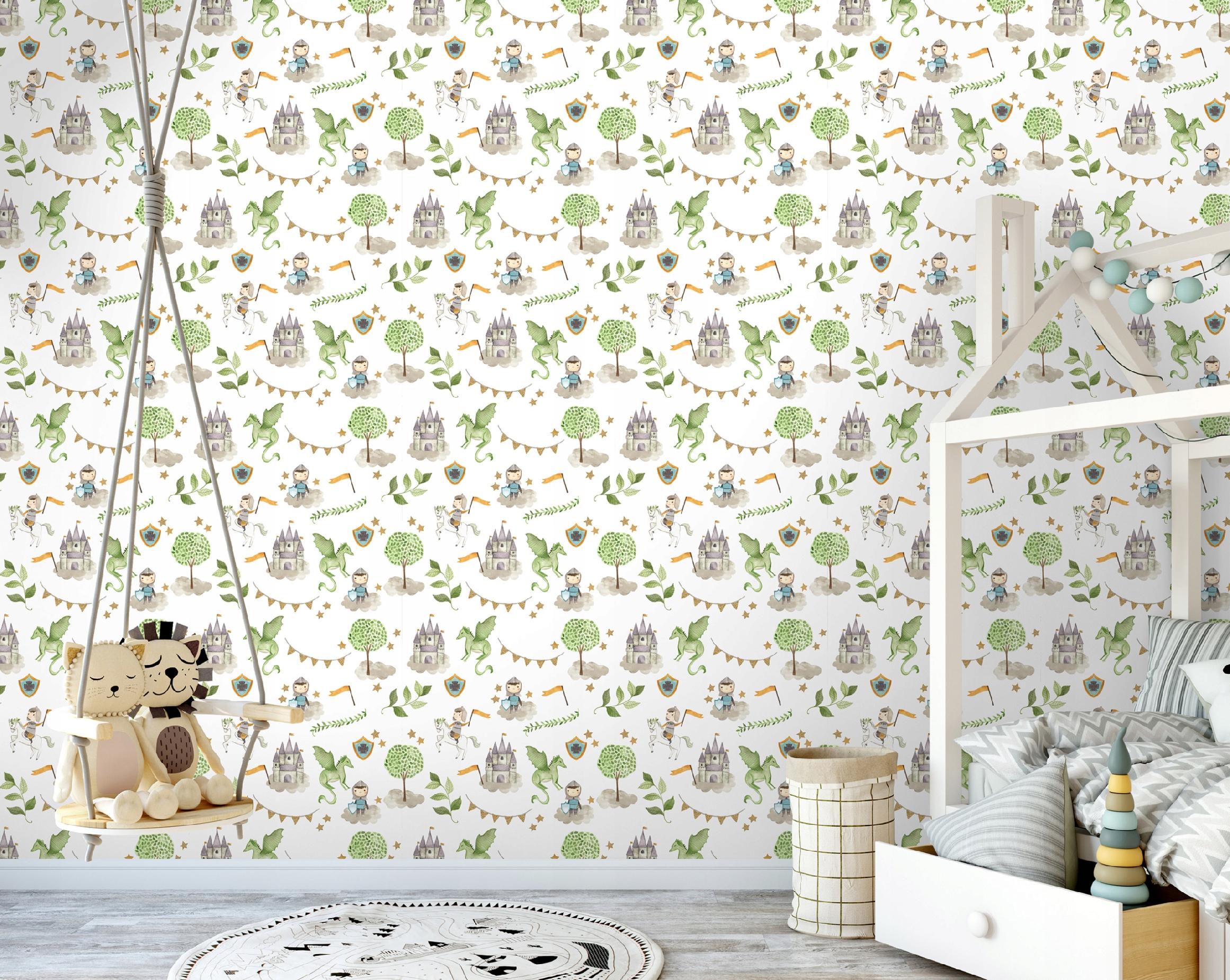 Wallpaper for a boy's room on non-woven fabric, featuring a castle and a dragon