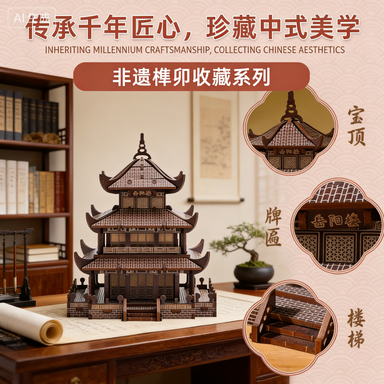 Yueyang Tower Mortise and Tenon DIY Kit | 3D Wooden Puzzle Nail-Free Glue-Free | Chinese Ancient Architecture Intangible Cultural Heritage Handicraft | STEM Educational Toy for Adults & Teens | Home Decor Collection & Cultural Gift岳阳楼榫卯 DIY 拼装套件 | 3D