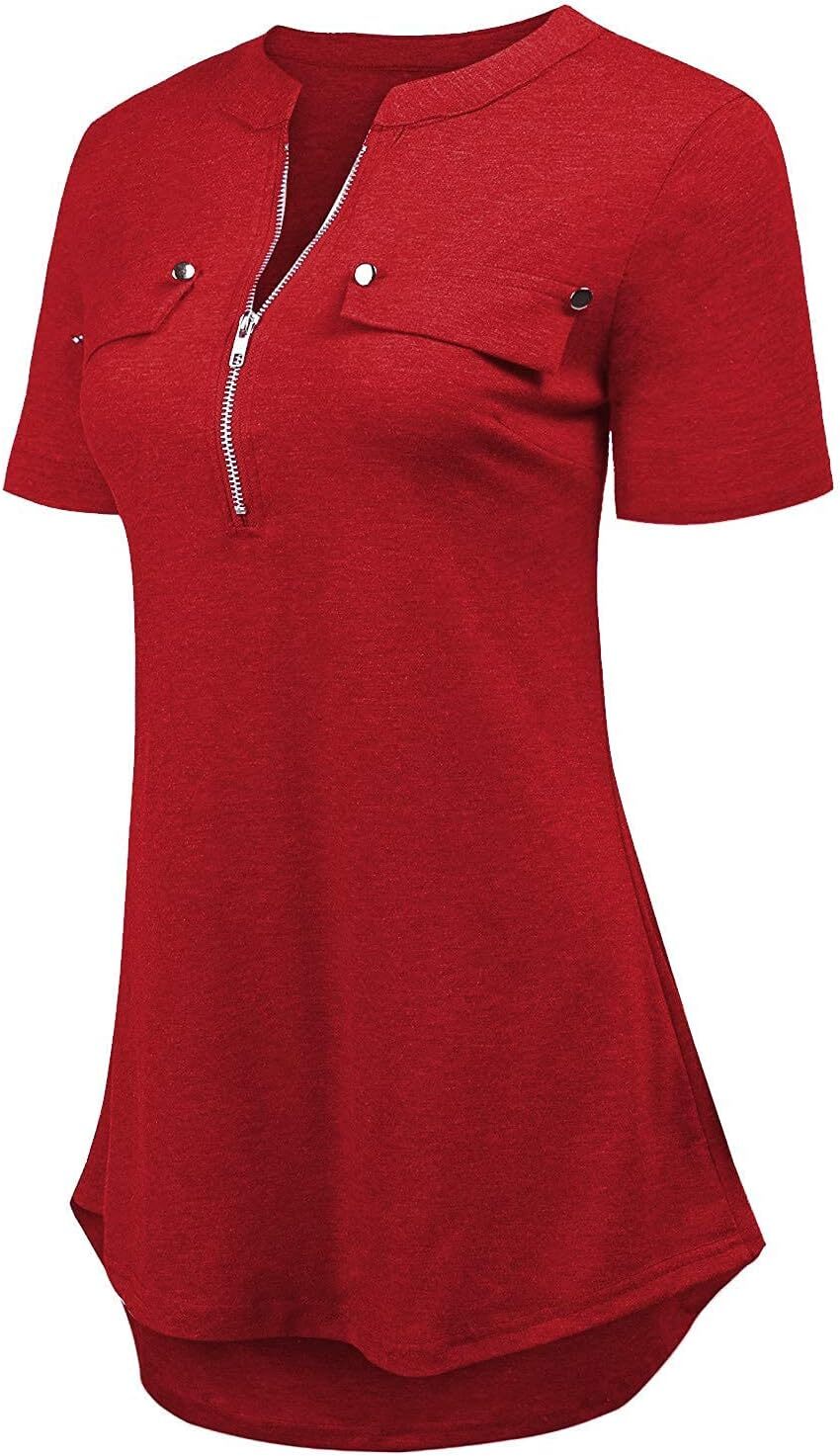 Damen Kurzarm Zip Quaste Long Shirt Business Casual Arbeit Büro Shirt