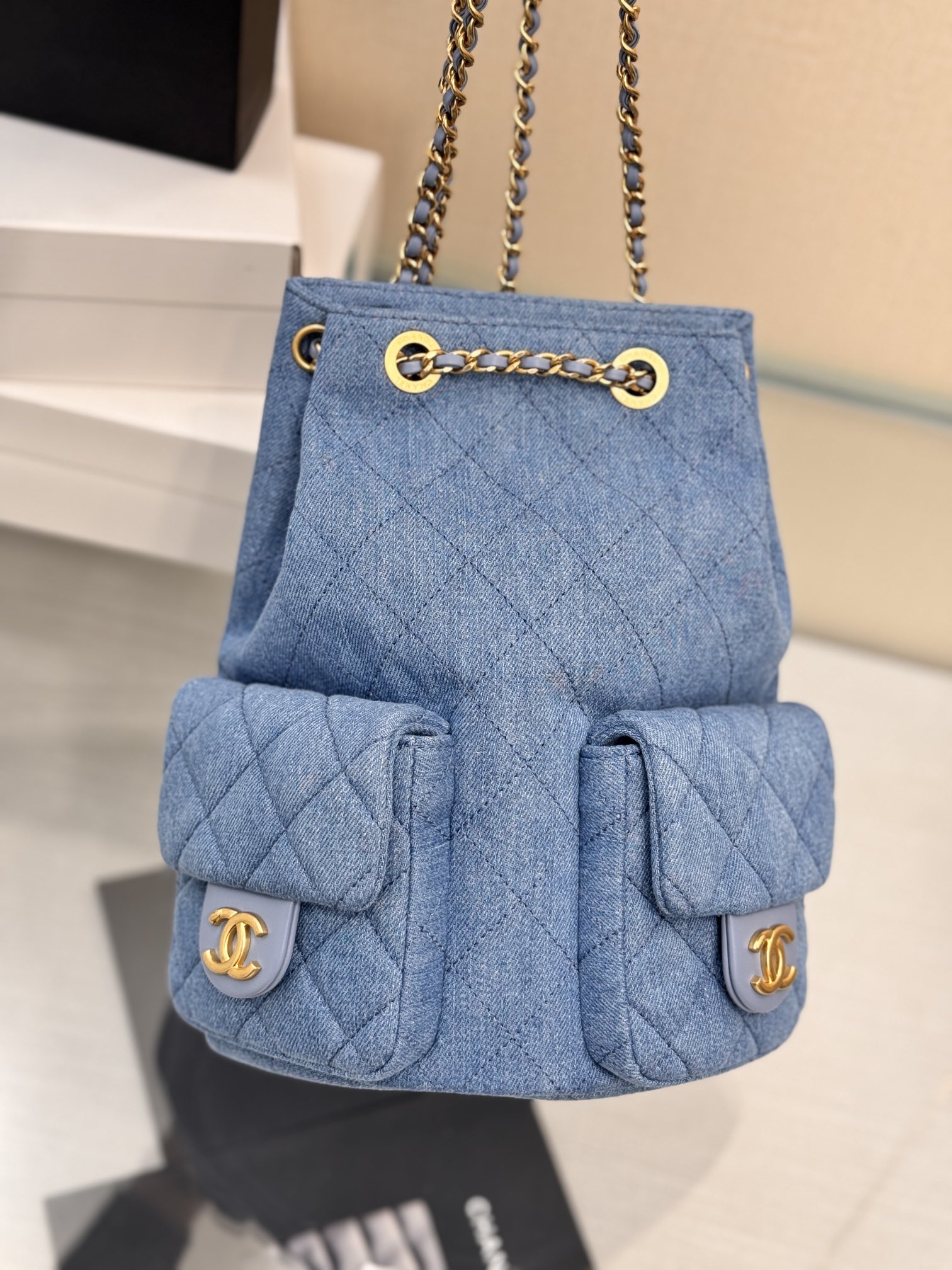 Drawstring Bucket Backpack（Light Denim Blue） - Mocuir