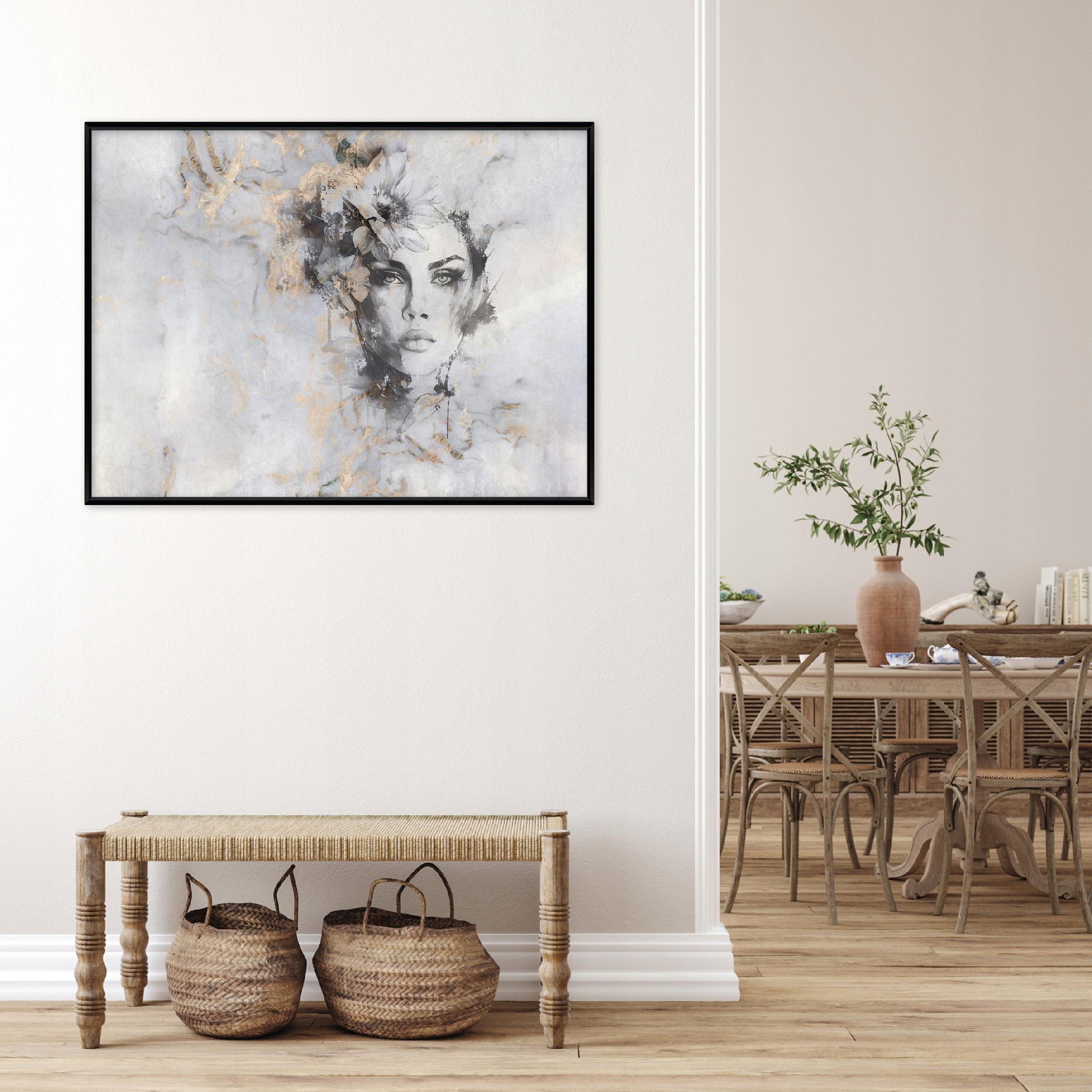 Black framed canvas painting of a woman's face, concrete, living room, bedroom, 40x30
