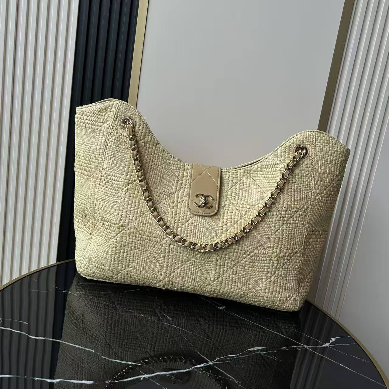 25C Light Yellow Woven Straw Large Tote Handbag with Calfskin Trim and Gold-Tone Hardware - Mocuir