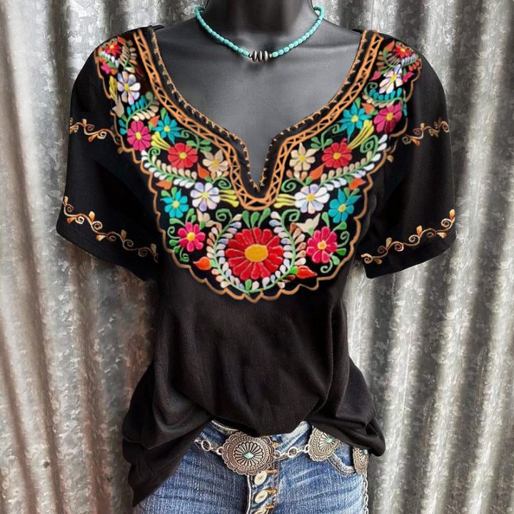 Retro flower graphic women casual V-collar tees designer
