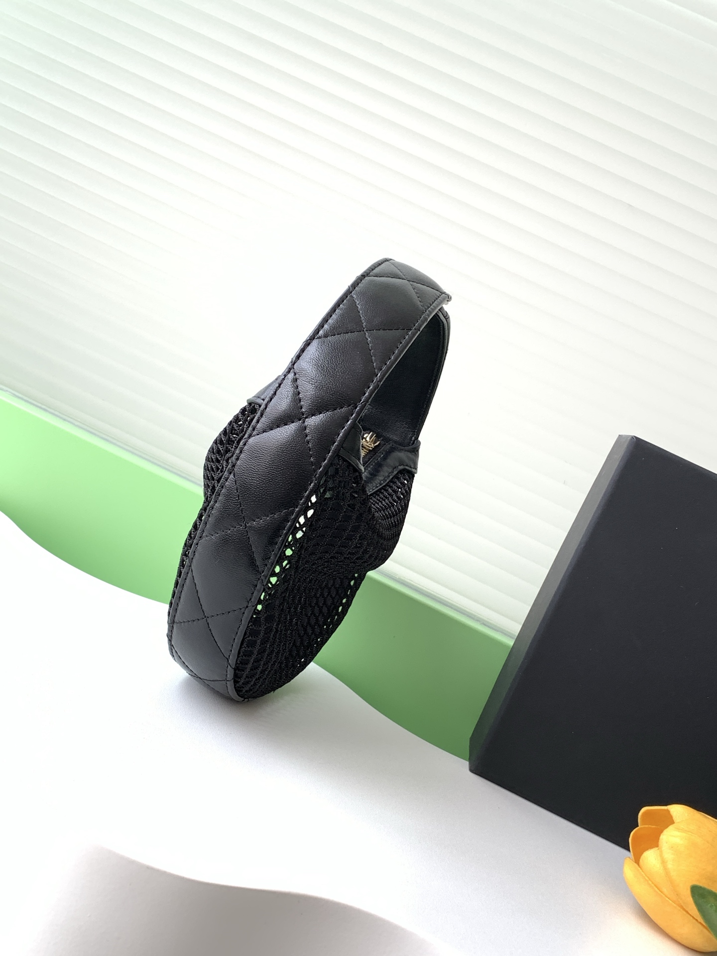 25C Small Mesh Hobo Bag (AS4921) in Black Knit Mesh with Lambskin Trim & Light Gold-Tone Hardware - Mocuir