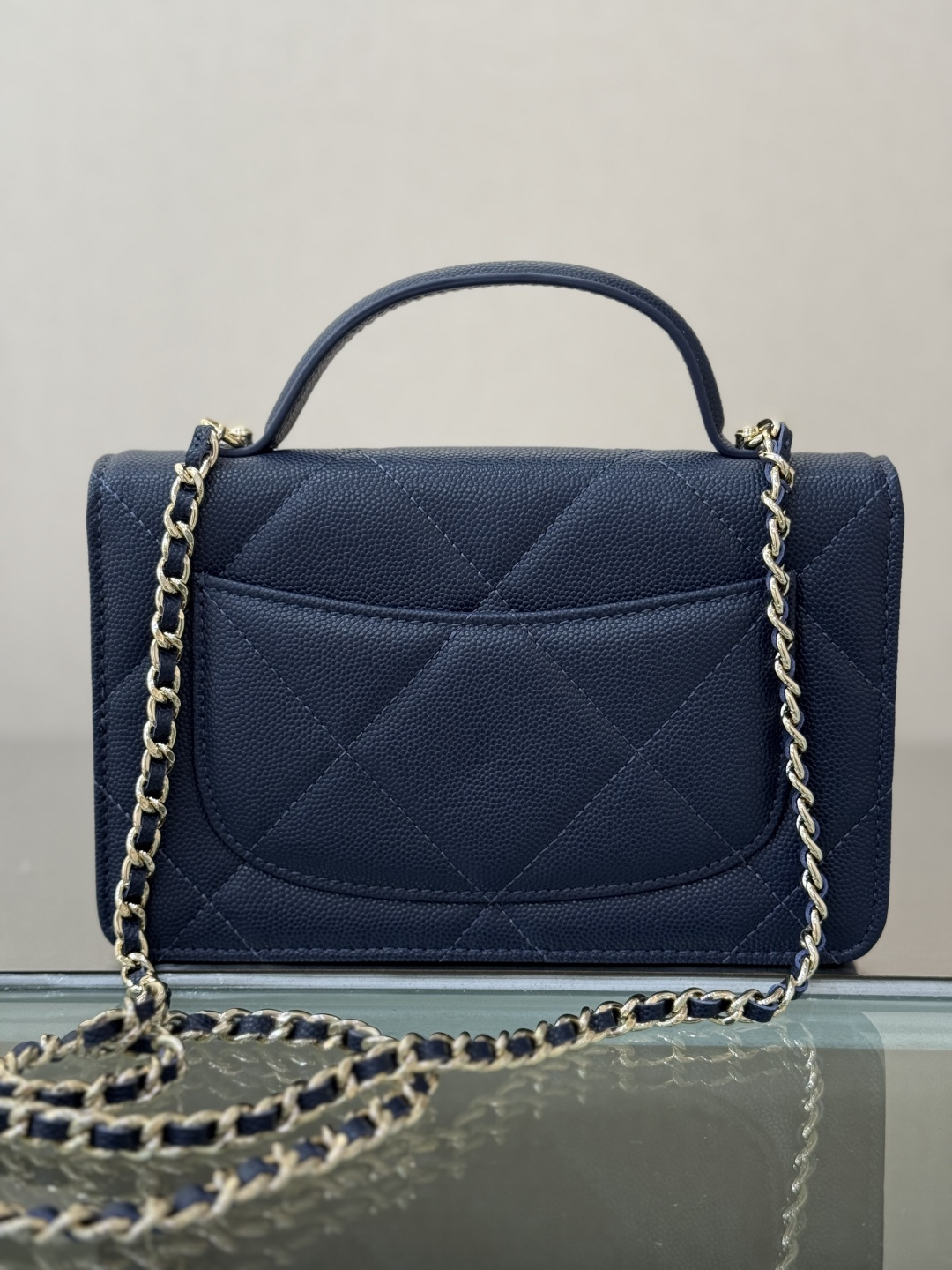 Wallet on Chain with Top Handle (AP3984) in Navy Blue Caviar Leather with Gold-Tone Hardware, 25C Cruise Collection - Mocuir
