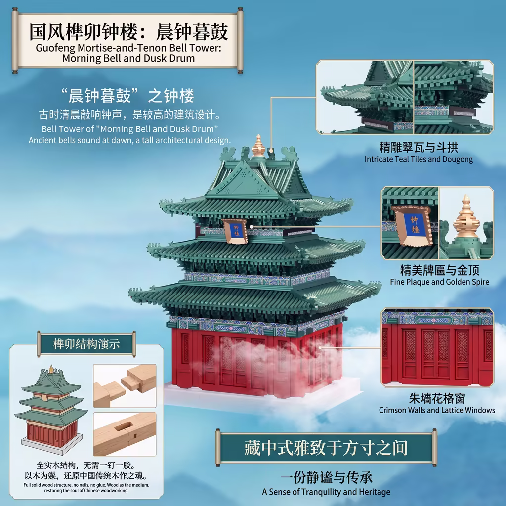 Bell Tower of Ancient Beijing Mortise and Tenon Architecture Model Kit 北京古钟楼榫卯建筑模型套件