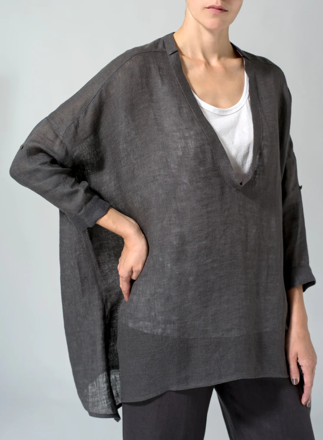 Womens Cotton Linen Loose Deep V Neck Pullover