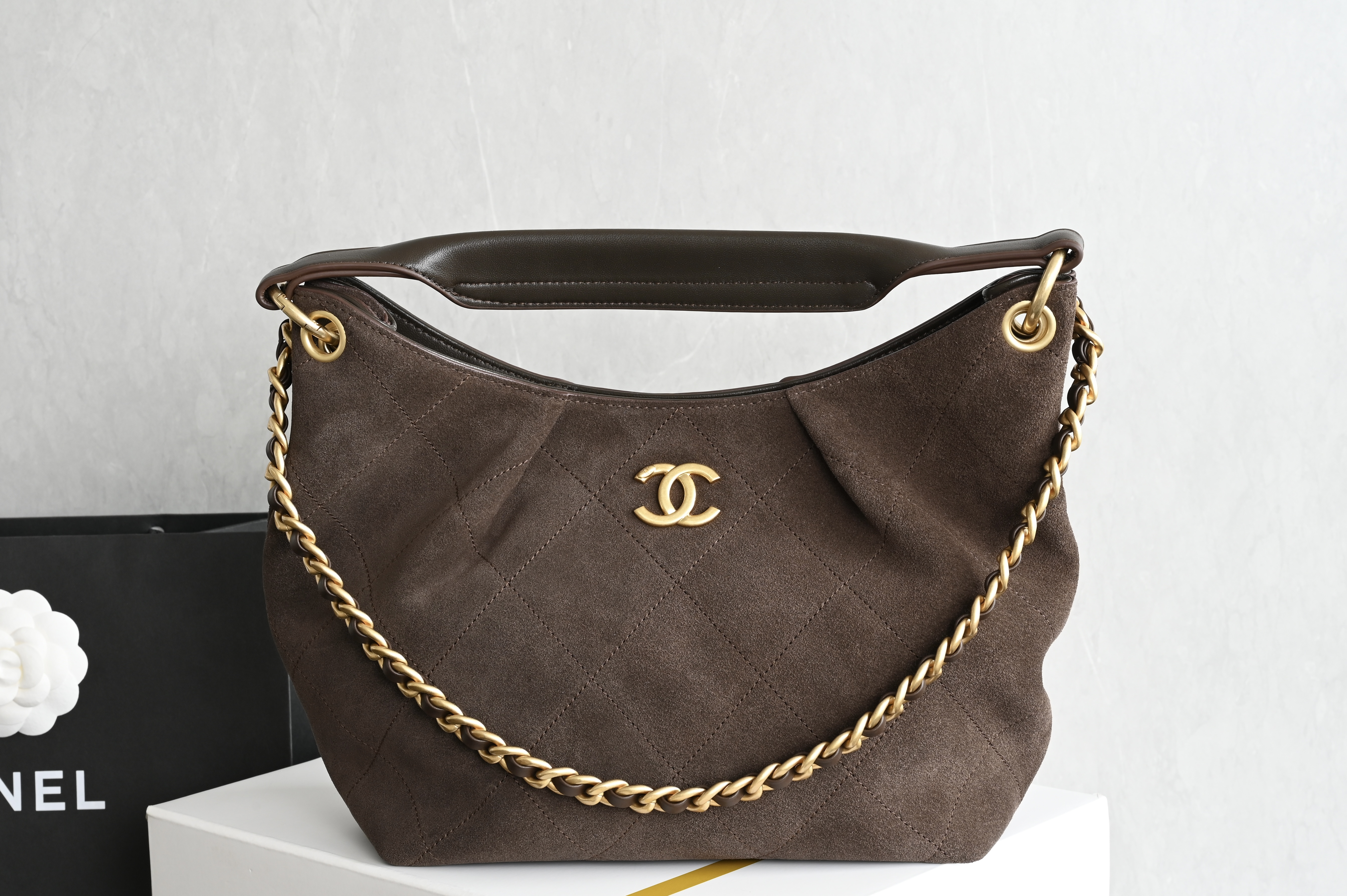 26C Hobo Shoulder Bag in Dark Brown Quilted Suede Calfskin with Light Gold-Tone Hardware - Mocuir