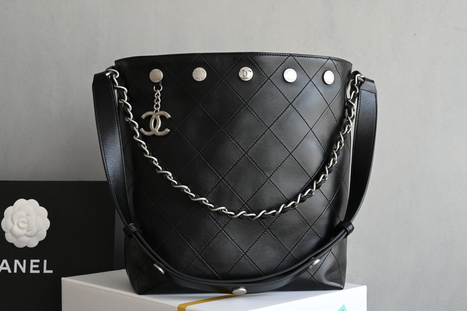 25P Cruise Collection Quilted Shiny Lambskin Hobo Tote Bag with Silver Studs & Chain (AS5406) - Mocuir