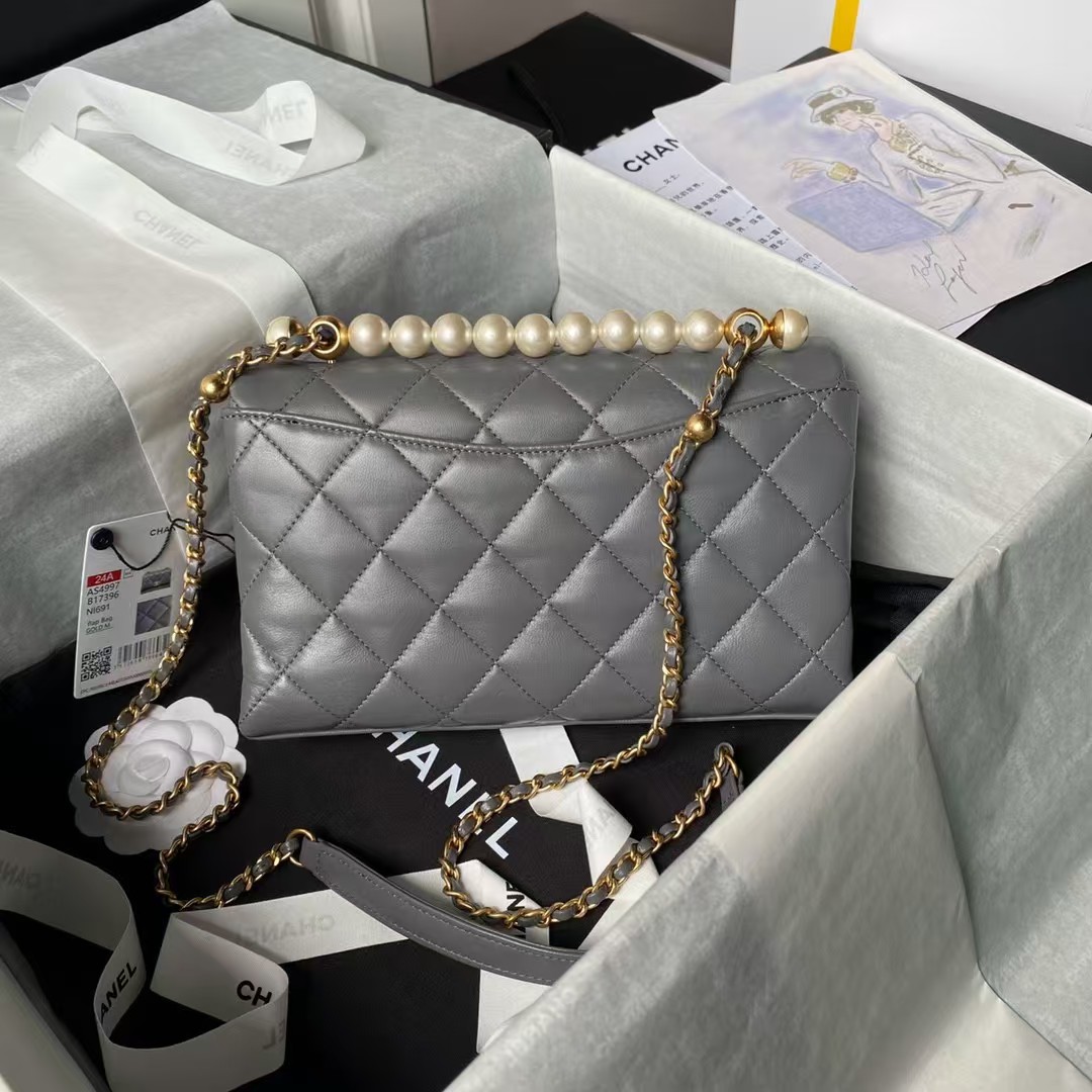 AS4997 Flap Bag Top Handle Shiny Lambskin Imitation Pearl & Gold Metal Grey
