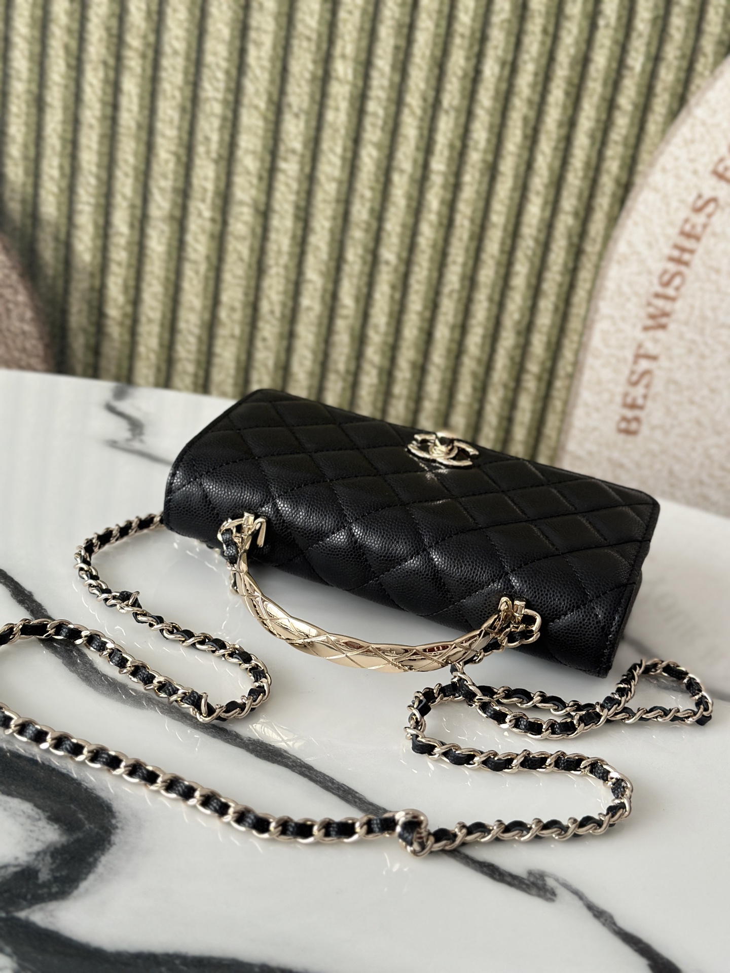 Black Caviar Quilted Wallet On Chain (WOC) with Silver Metal Top Handle - Mocuir