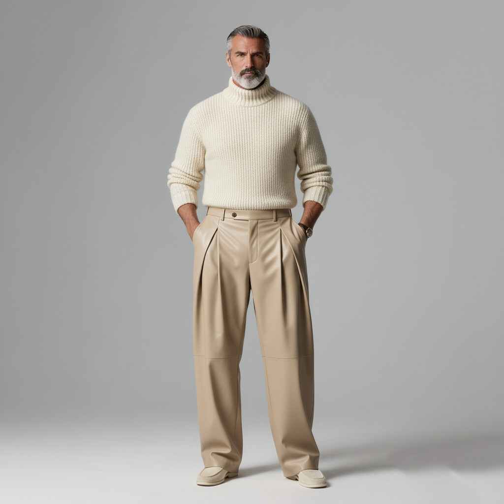 Men's Casual Beige PU Leather Slant Pocket Pleated Wide Leg Pants