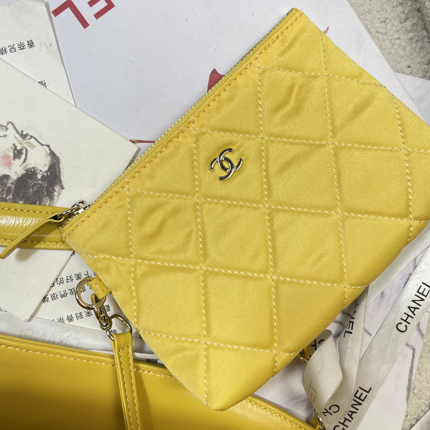 Straw and Lambskin Small Tote Bag with Pouch in Bright Yellow with Light Gold Hardware - Mocuir