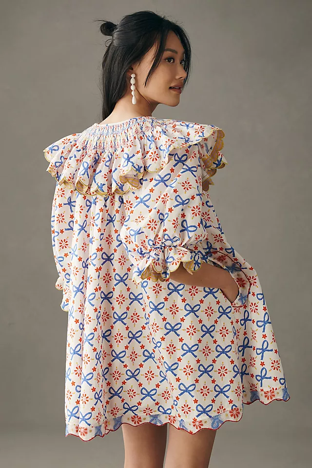 Elegant Short-Sleeve Collared Mini Dress BLUE MOTIF
