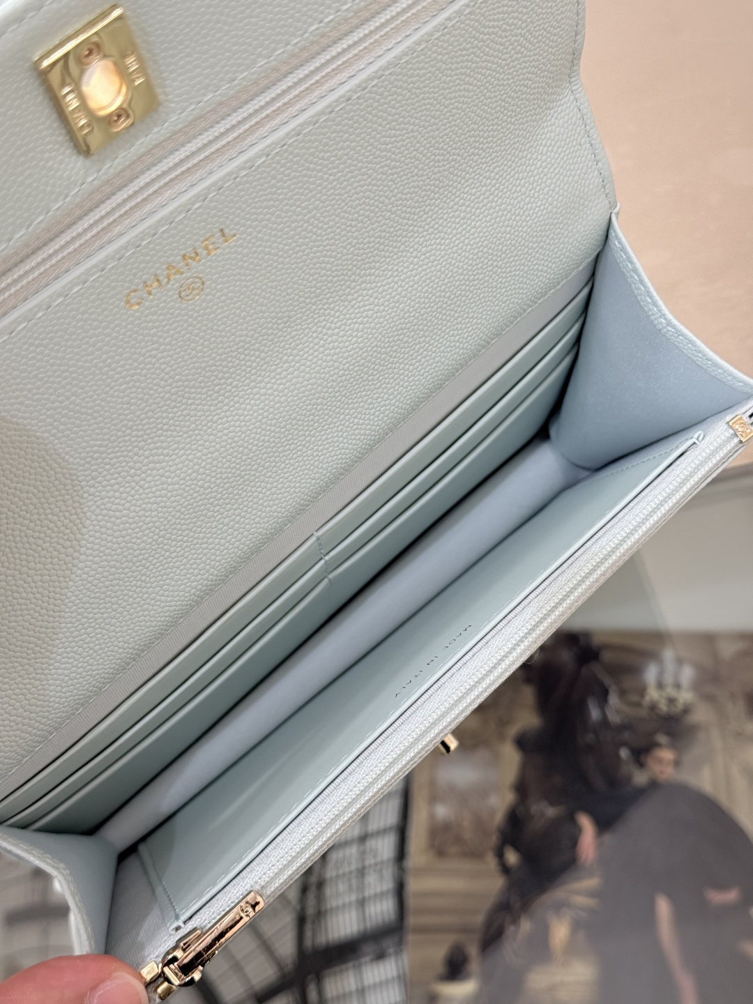 Wallet on Chain with Top Handle (AP3984) in Light Blue Caviar Leather with Gold-Tone Hardware, 25C Cruise Collection - Mocuir