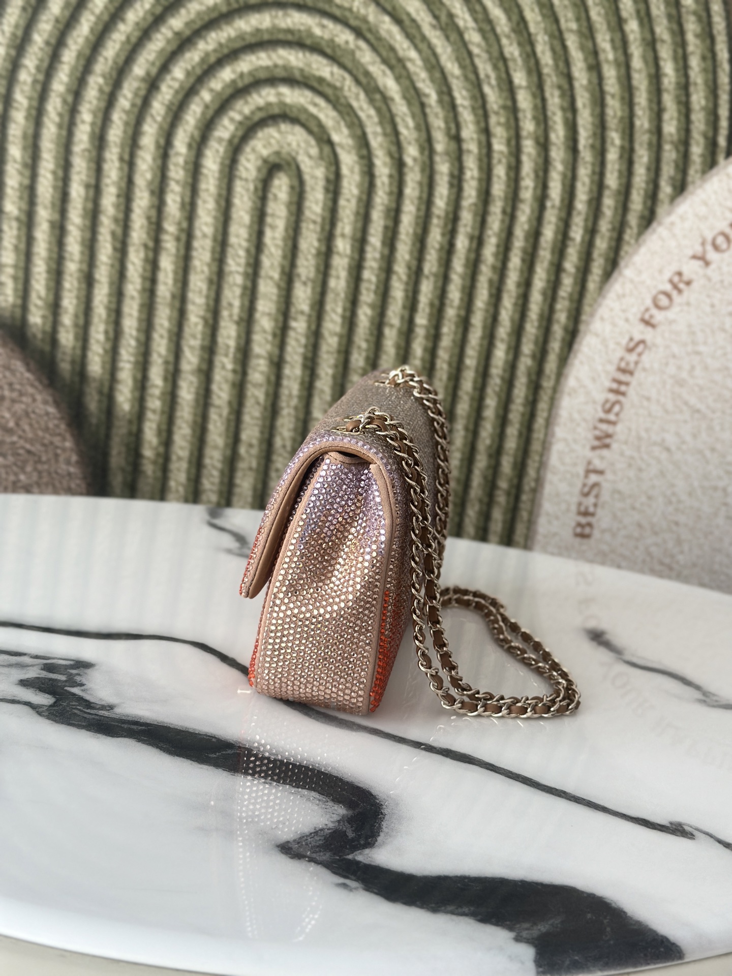 Classic Flap Mini Bag in Nude Plaid Strass Crystal Embellished Suede (Gold Hardware) - Mocuir