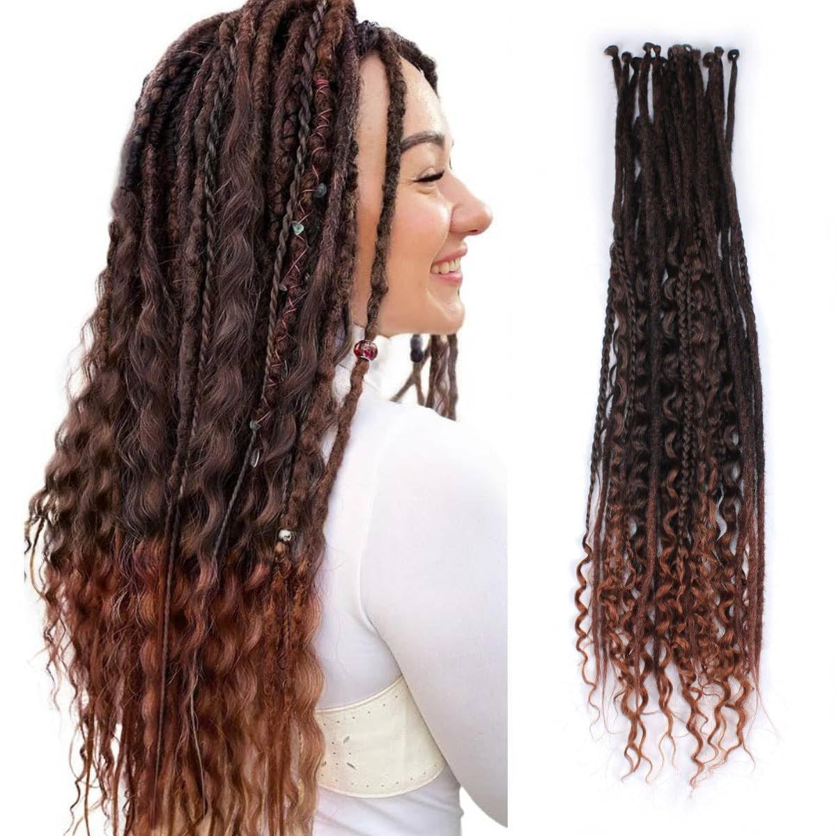 24 Inch 3 In 1 Dreadlock Extensions Sets, 30 Strands Mixed Ombre Auburn Synthetic SE Dreads Extensions, 100% Handmade Soft Single Ended Curly Boho Wavy Dreads for Girls