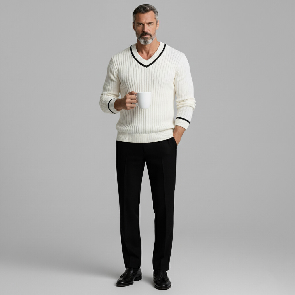 Men's Casual White Contrast Trim V Neck Long Sleeve Ribbed Knit Sweater