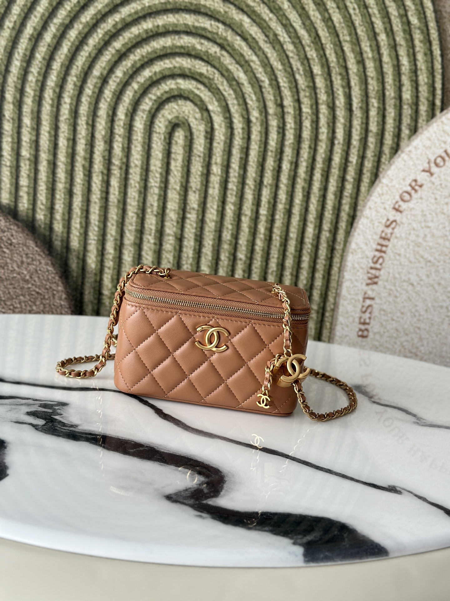 25B Caramel Quilted Lambskin Mini Vanity Case with Adjustable CC Chain and Gold-Tone Hardware - Mocuir