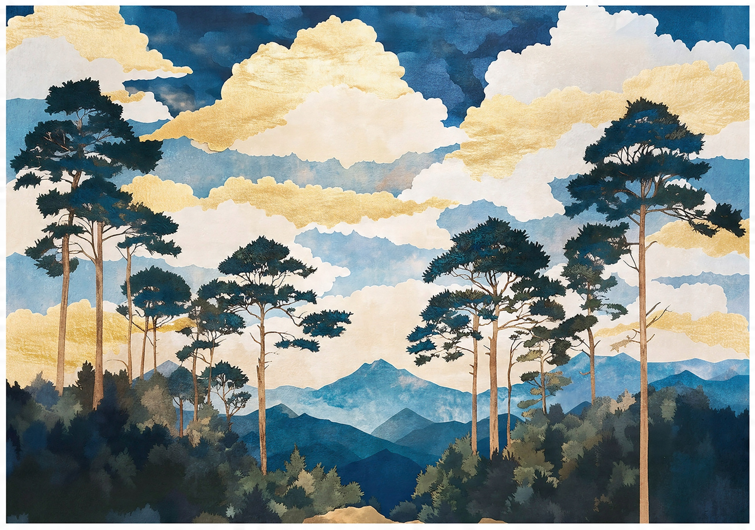 Blue forest landscape wall mural for bedroom or living room,